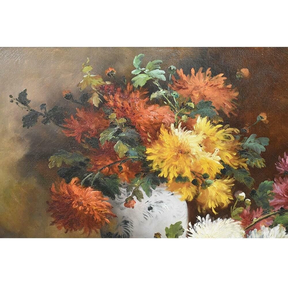 Antique Floral Paintings, Dahlias Flowers, Oil On Canvas, 19th Century. (Qf483) photo vinterior