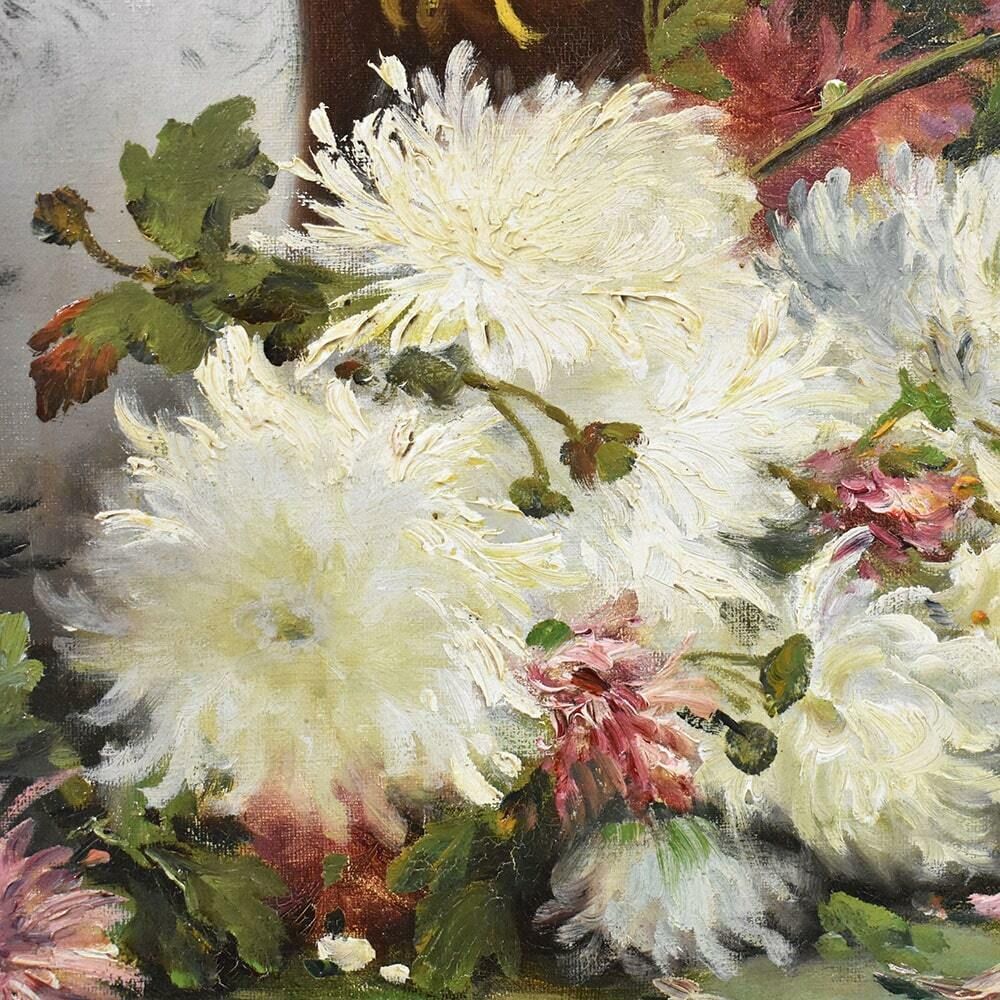 Antique Floral Paintings, Dahlias Flowers, Oil On Canvas, 19th Century. (Qf483) photo buy