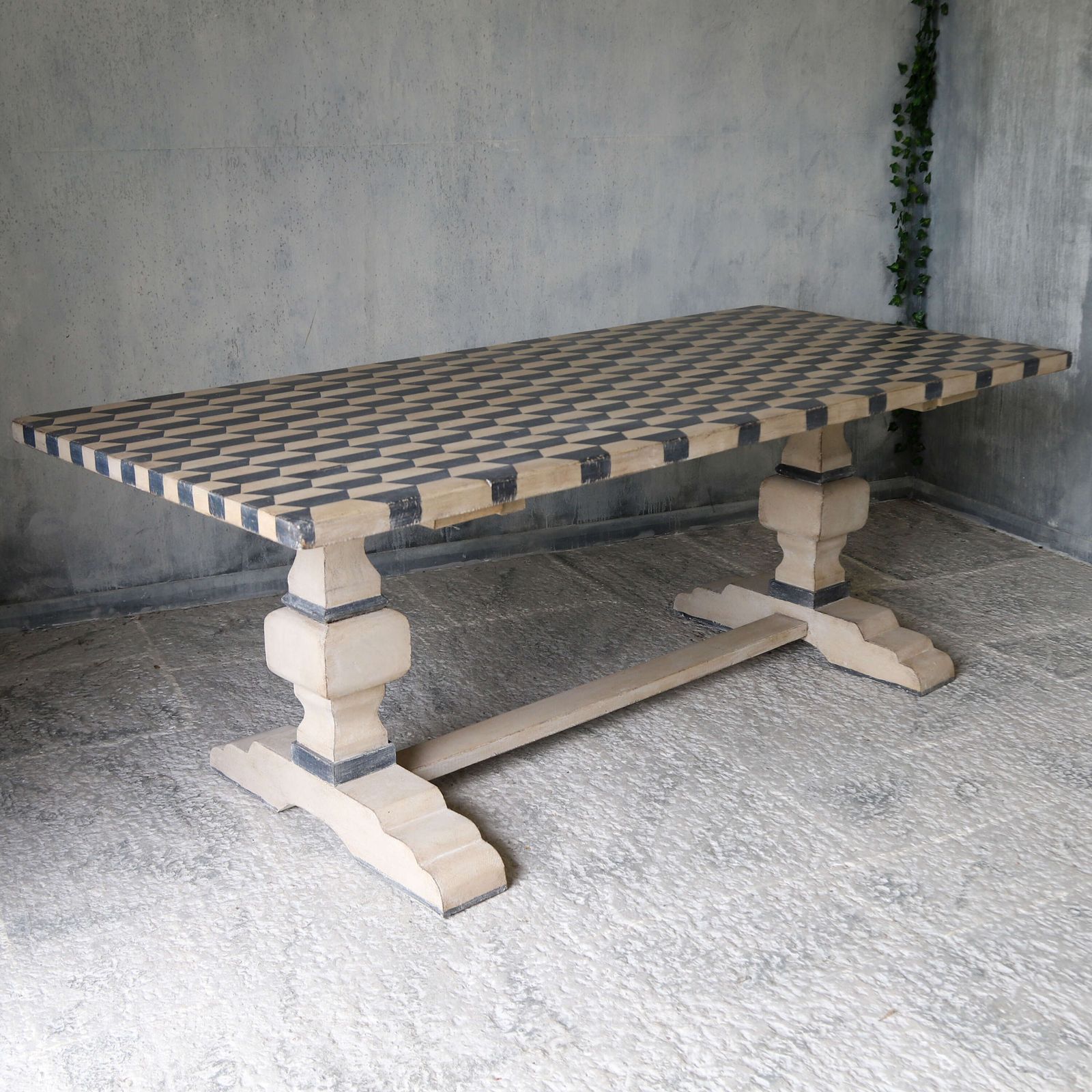 French Mid 20th Century Refectory Farmhouse Style Table   Later Geometric Painted Finish photo Furniture