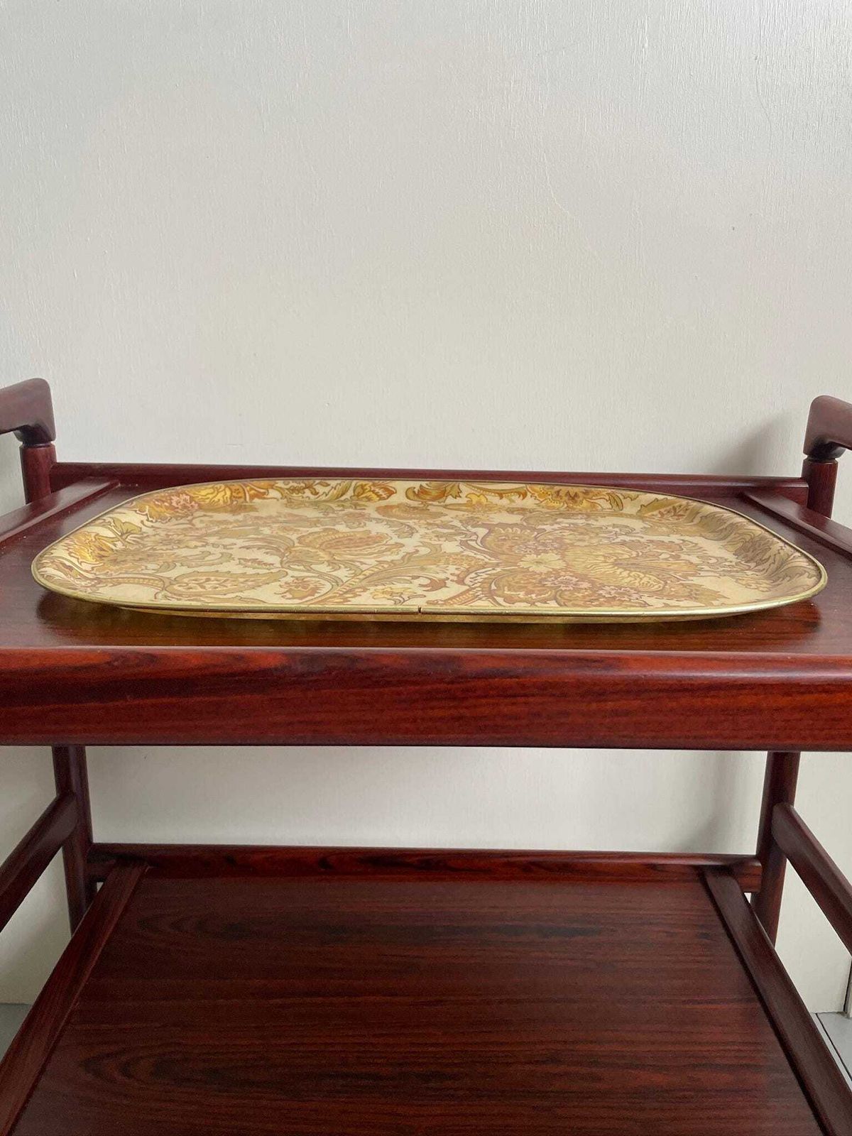 Large Fibreglass Tray Kitsch Yellow Beige Orange Floral Leaves From 1970s photo for sale