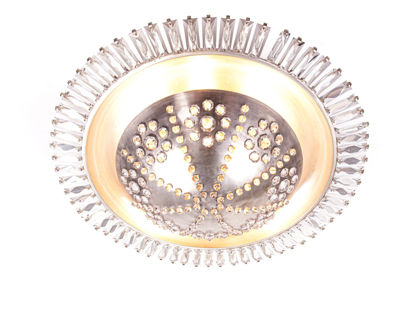 Grand French Sunburst Crystal Flush Mount Chandelier, Art Deco 1940s