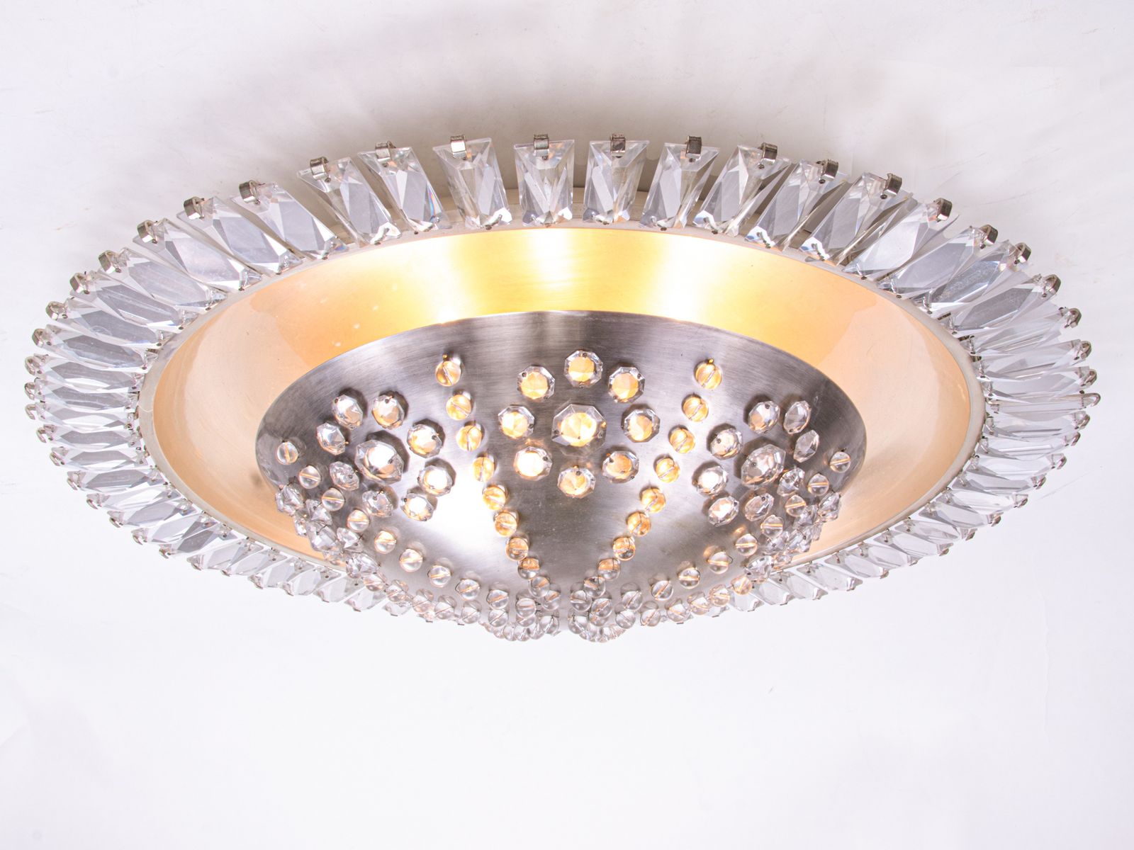 Grand French Sunburst Crystal Flush Mount Chandelier, Art Deco 1940s photo 7135.88