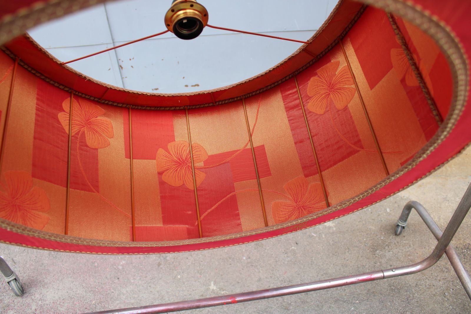 Lighting Chandelier With Red Dome Fabric With Flowers Mid Century Italian Design Brass photo