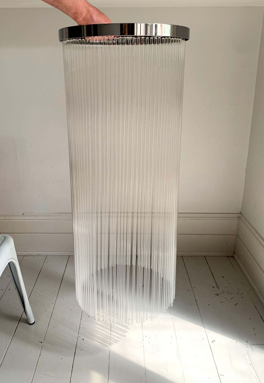 Lighting Mid Century Modern / 1970s Glass Rod & Chrome Light Shade / Chandelier  / 95cm Deep photo