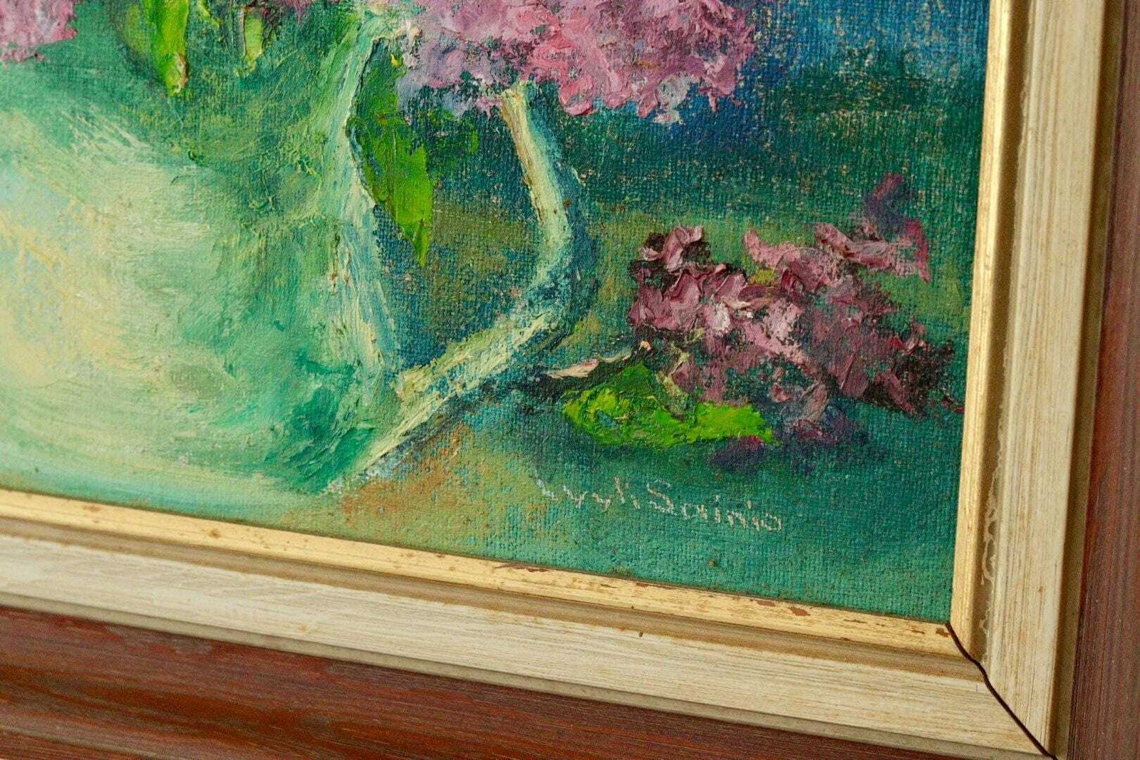 Mid Century Original Swedish Oil On Canvas "Floral Arrangement " By Lyyli Sainio Vintage & Framed photo vintage