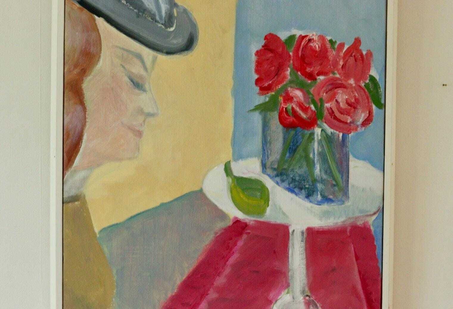 Mid Century Original Swedish Oil On Canvas "Woman And A Vase " By Björn Gyllenhammar   Vintage & Framed photo vintage