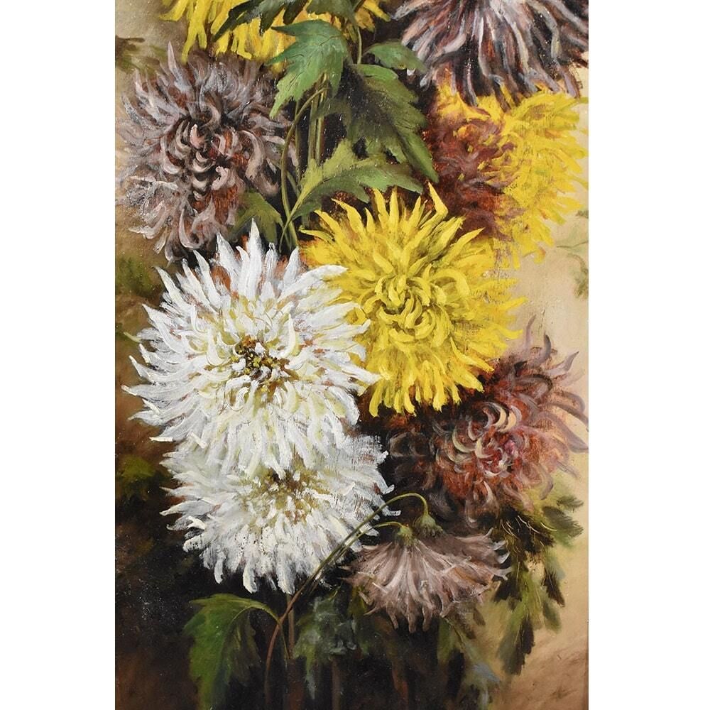 Still Life Painting, Flowers Vase Painting, Flowers Of Dahlias, Oil On Wood, Antique Painting Du XIX Century photo for sale