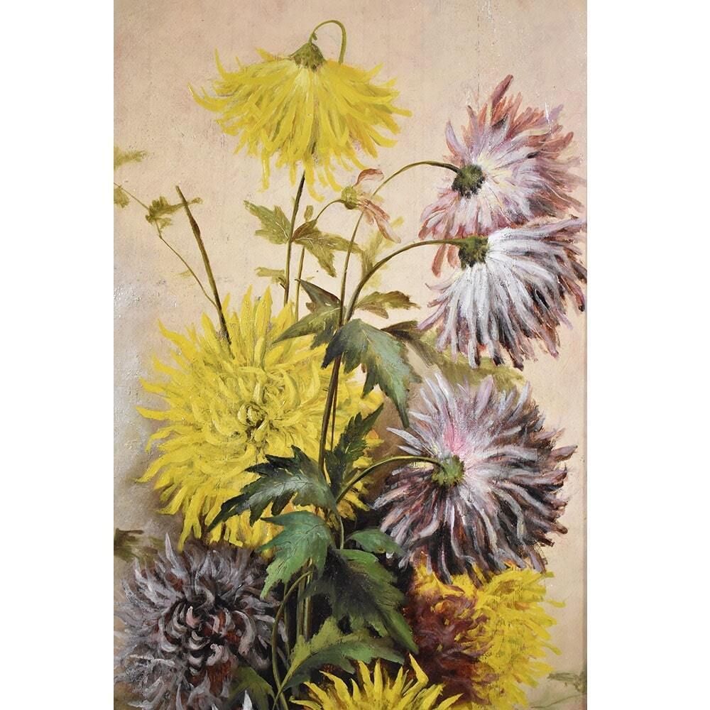Still Life Painting, Flowers Vase Painting, Flowers Of Dahlias, Oil On Wood, Antique Painting Du XIX Century photo Art
