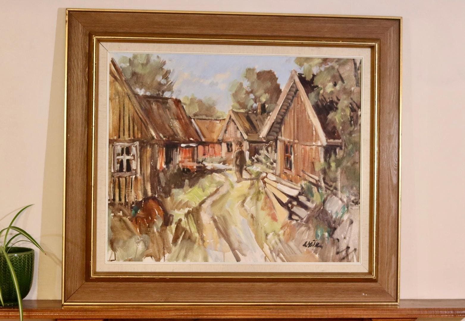 Mid Century Original Swedish Oil On Canvas "Street " By Lennart Möller  Vintage & Framed photo Art