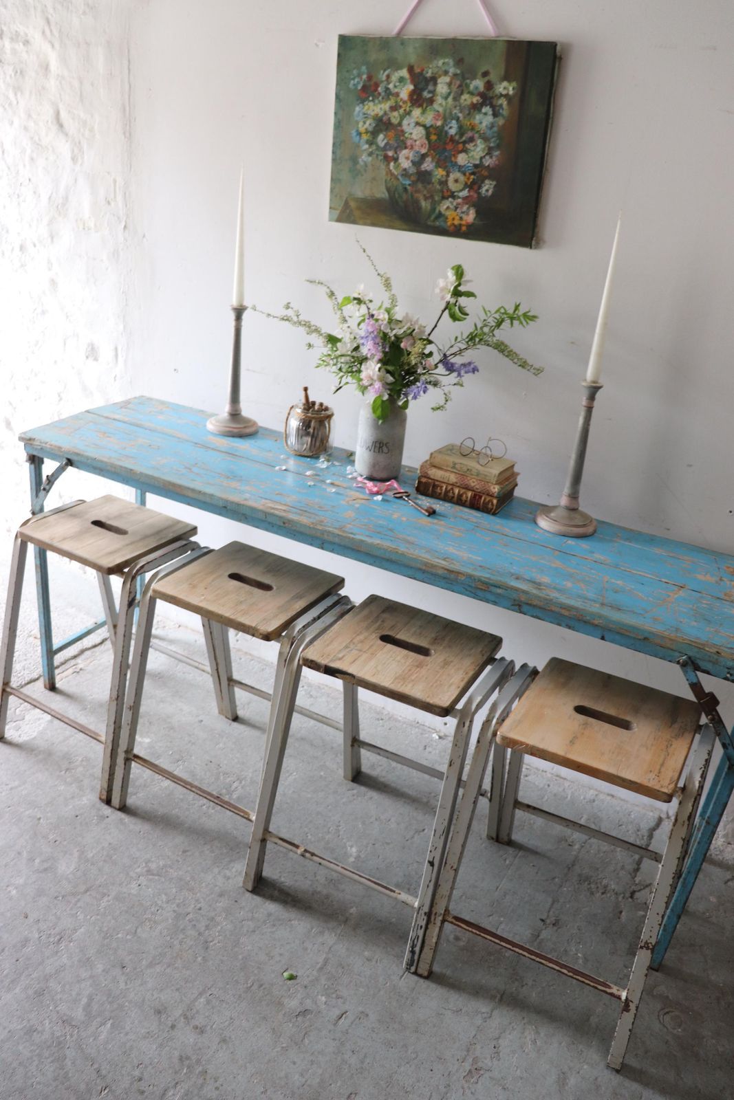 Set Of Four Tall Vintage Stacking Lab Stools With Grey Metal Frames And Stripped Beech Seats photo furniture