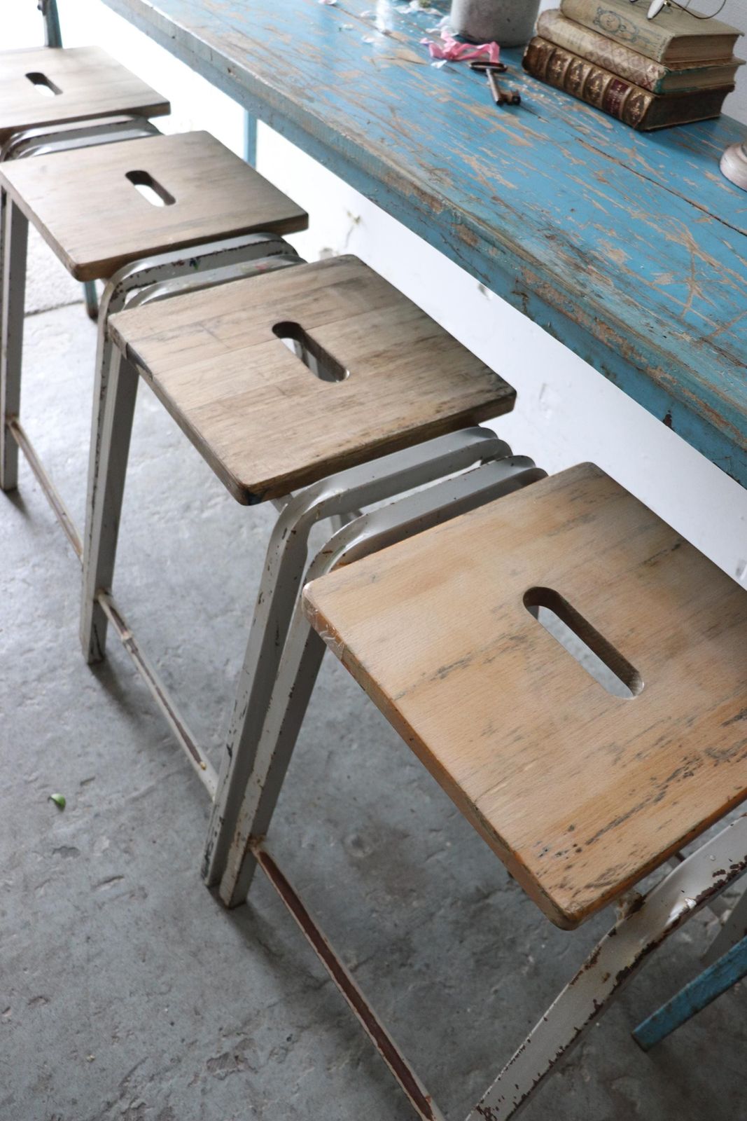 Set Of Four Tall Vintage Stacking Lab Stools With Grey Metal Frames And Stripped Beech Seats photo for sale