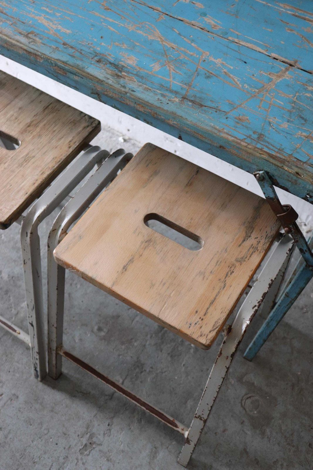 Set Of Four Tall Vintage Stacking Lab Stools With Grey Metal Frames And Stripped Beech Seats photo Furniture