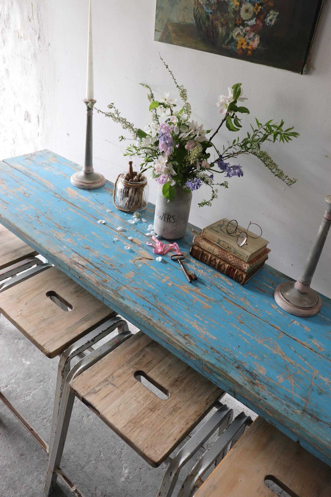Striking Vintage Trestle Table Or Desk With Cobalt Blue Distressed Top And Metal Folding Legs photo furniture