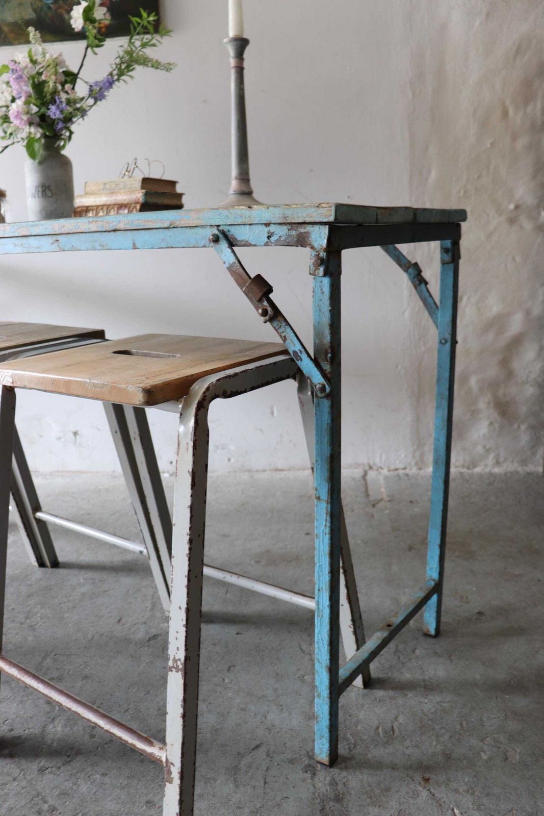 Striking Vintage Trestle Table Or Desk With Cobalt Blue Distressed Top And Metal Folding Legs photo Furniture