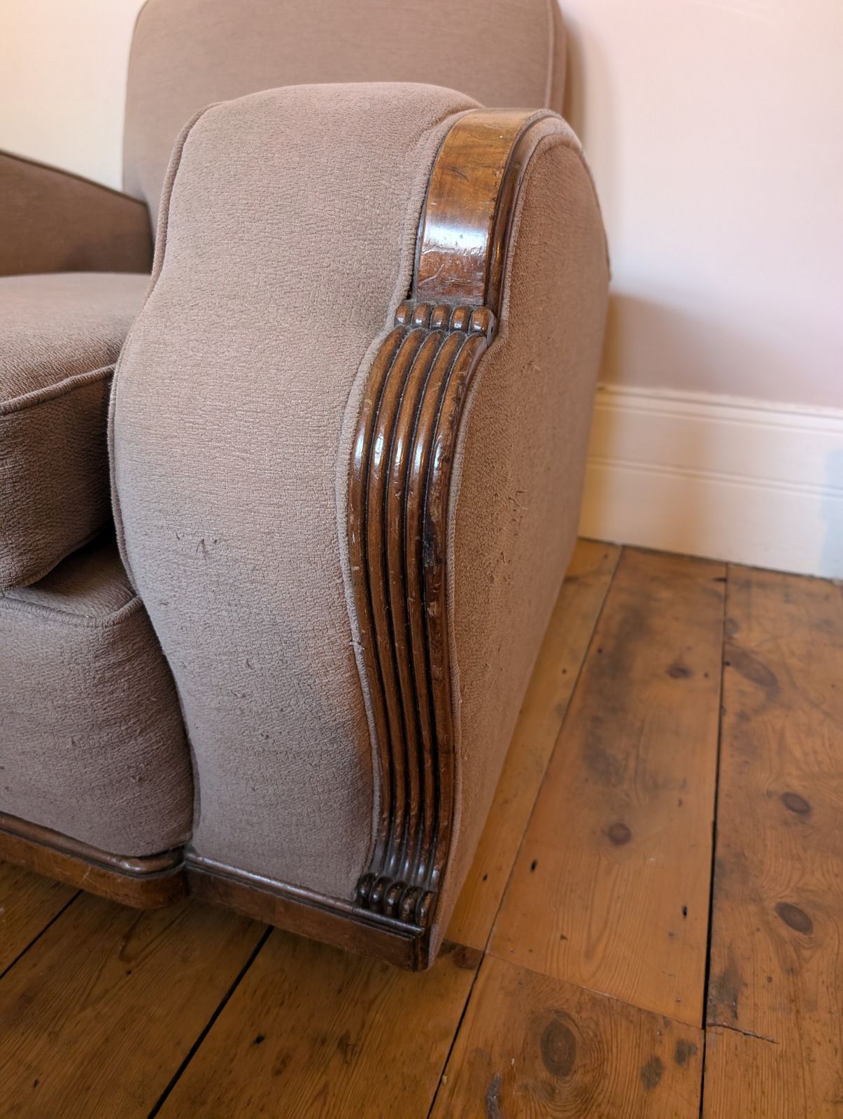 Art Deco Pair Of Armchairs With Walnut Trim, Recently Re Upholstered, Super Comfy. photo vintage
