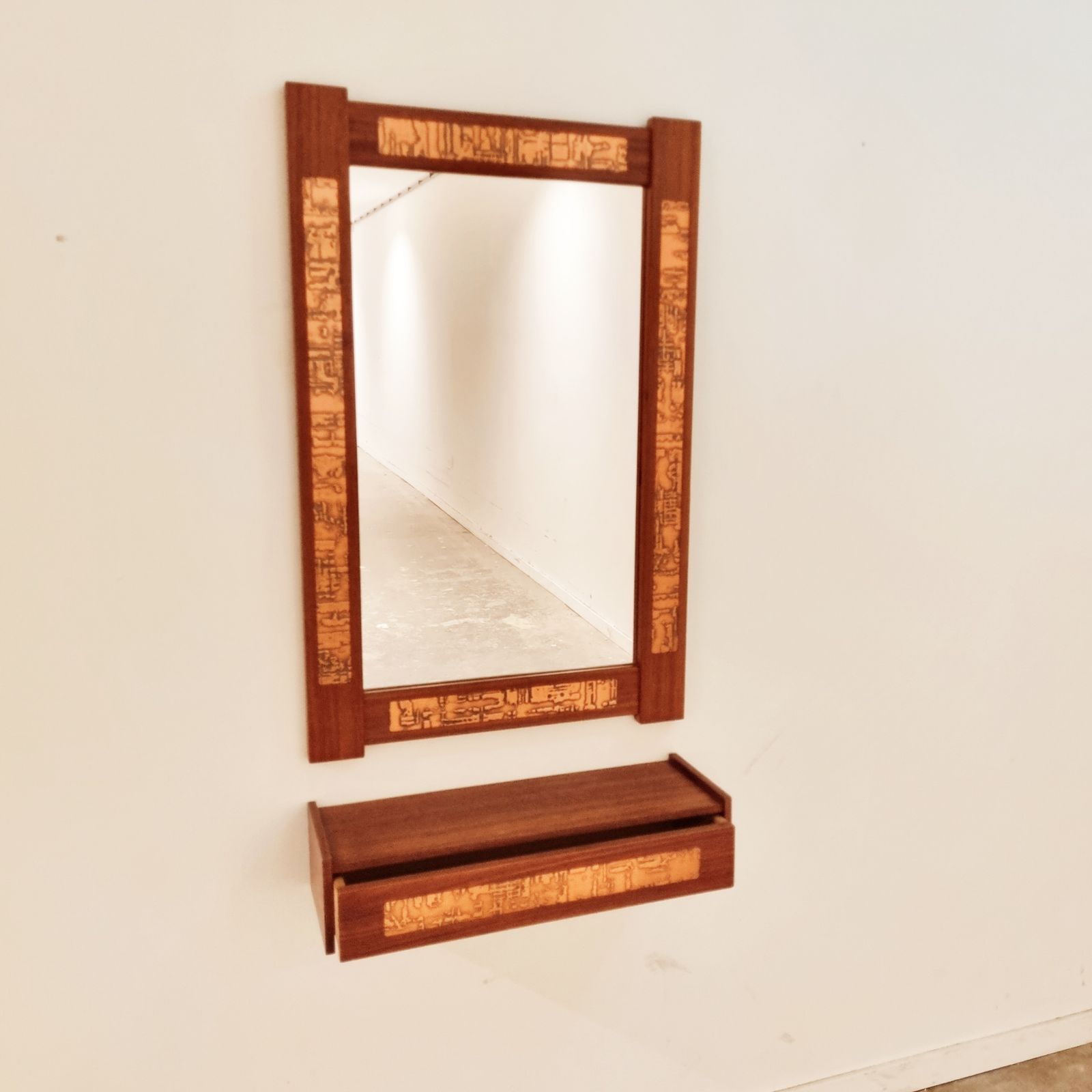 Mid Century Teak And Copper Hallway Set With Mirror And Shelf, 1960s, Set Of 2
