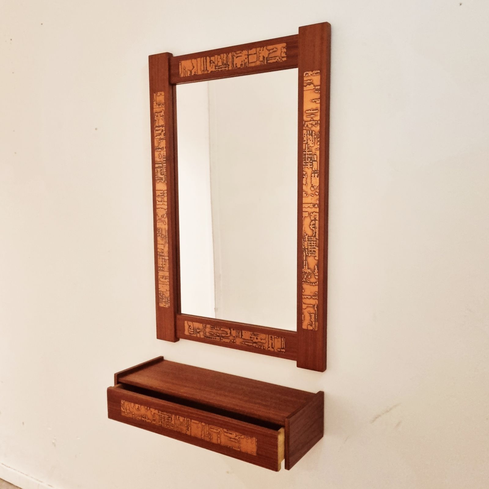 Mid Century Teak And Copper Hallway Set With Mirror And Shelf, 1960s, Set Of 2 photo buy
