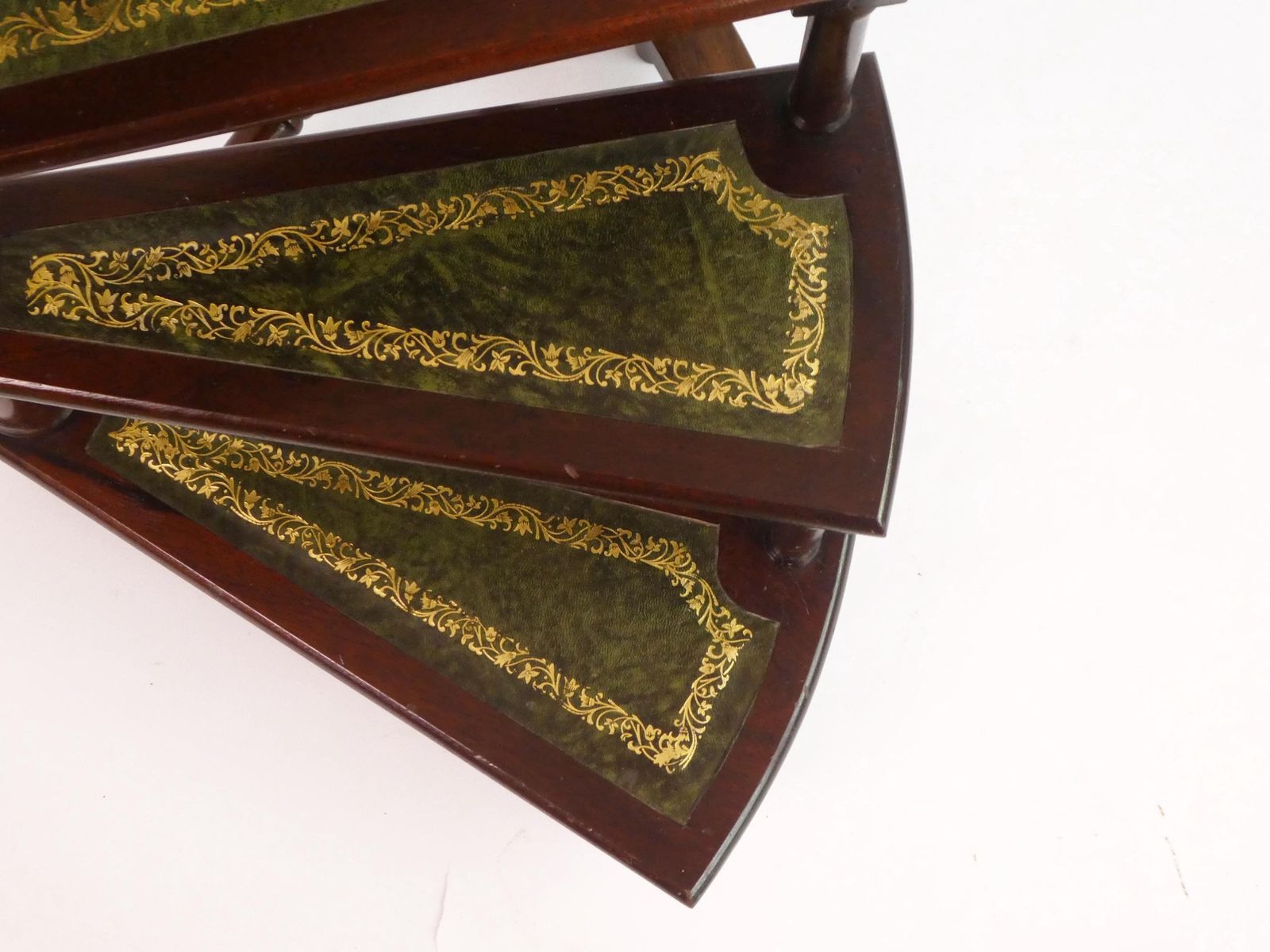 Victorian Style Wooden Library Stairs With Green Leather, Vintage Large 50's Spiral Bookcase Ladder, English Wooden Steps photo 1390.0