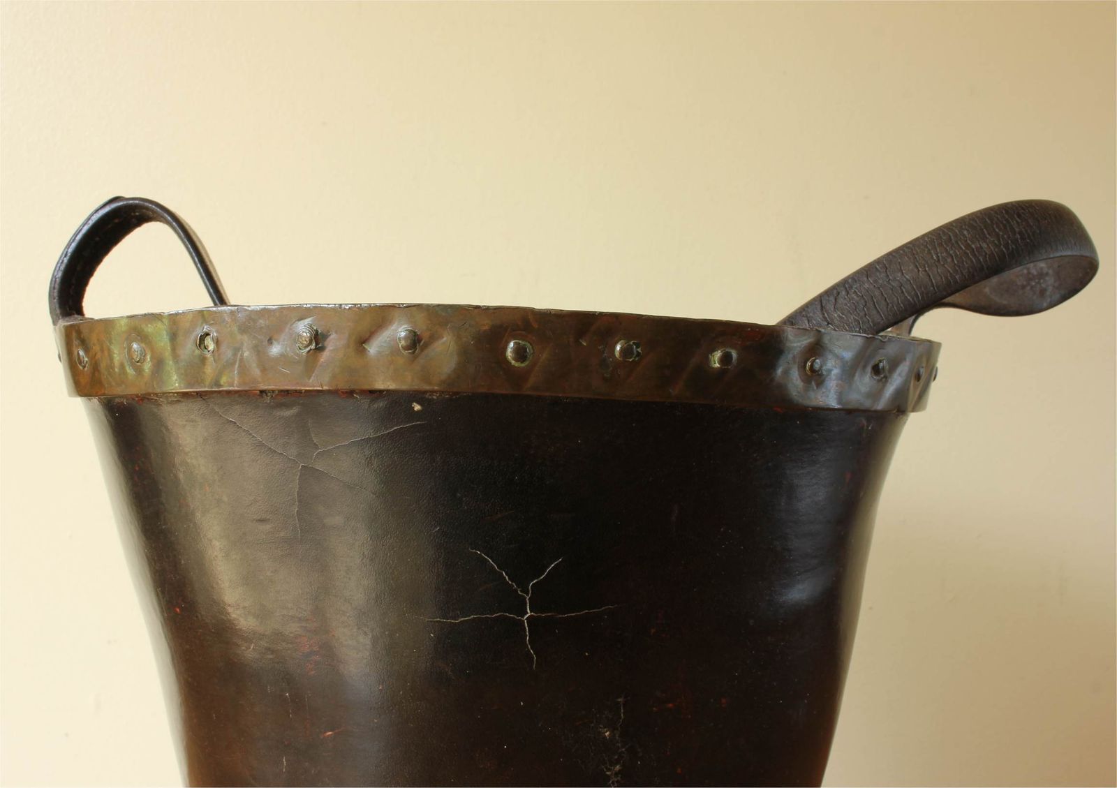 photo for sale Georgian Leather Fire Bucket. Copper Studded Waste Paper Basket. C1800.