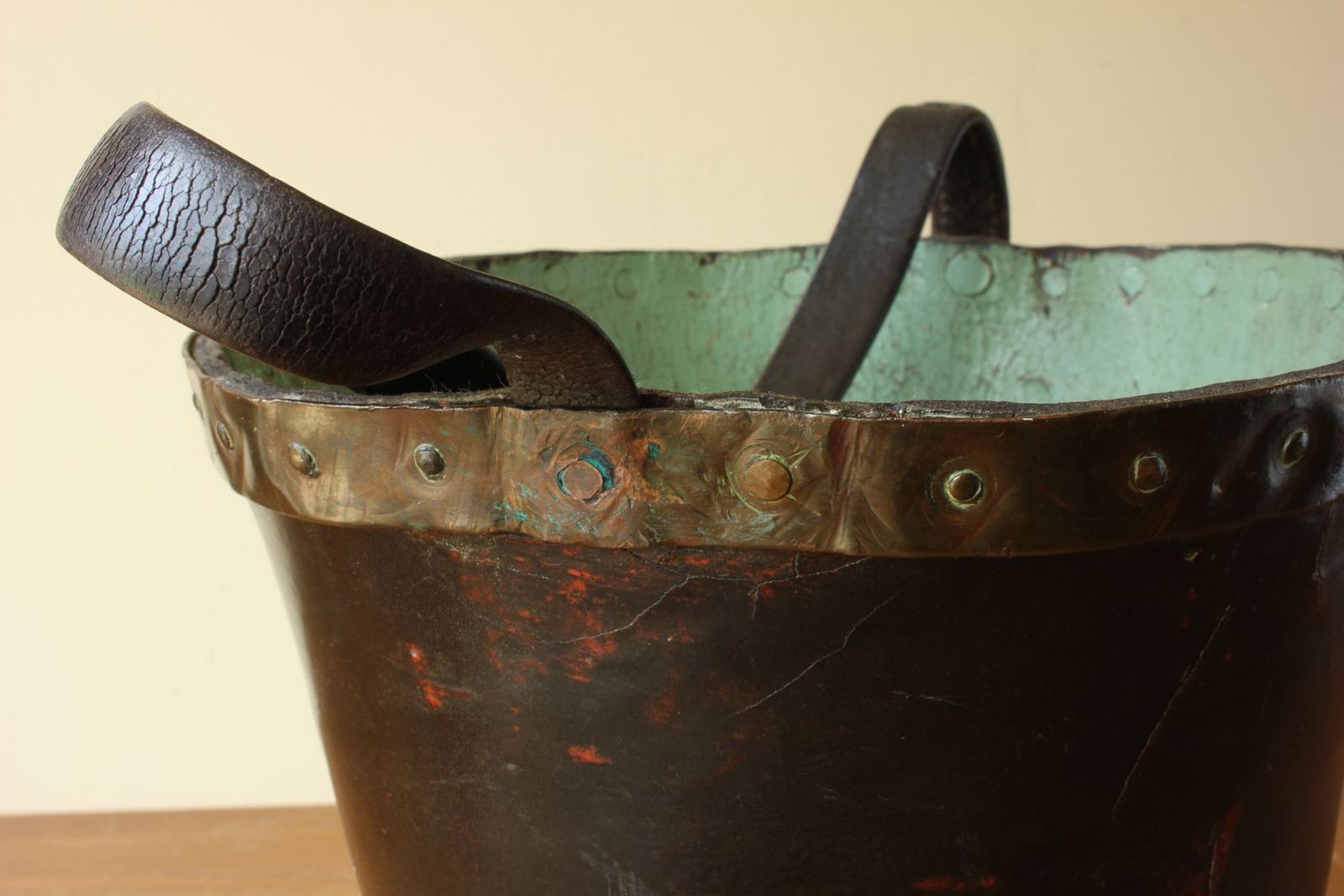 Home Decor Georgian Leather Fire Bucket. Copper Studded Waste Paper Basket. C1800. photo