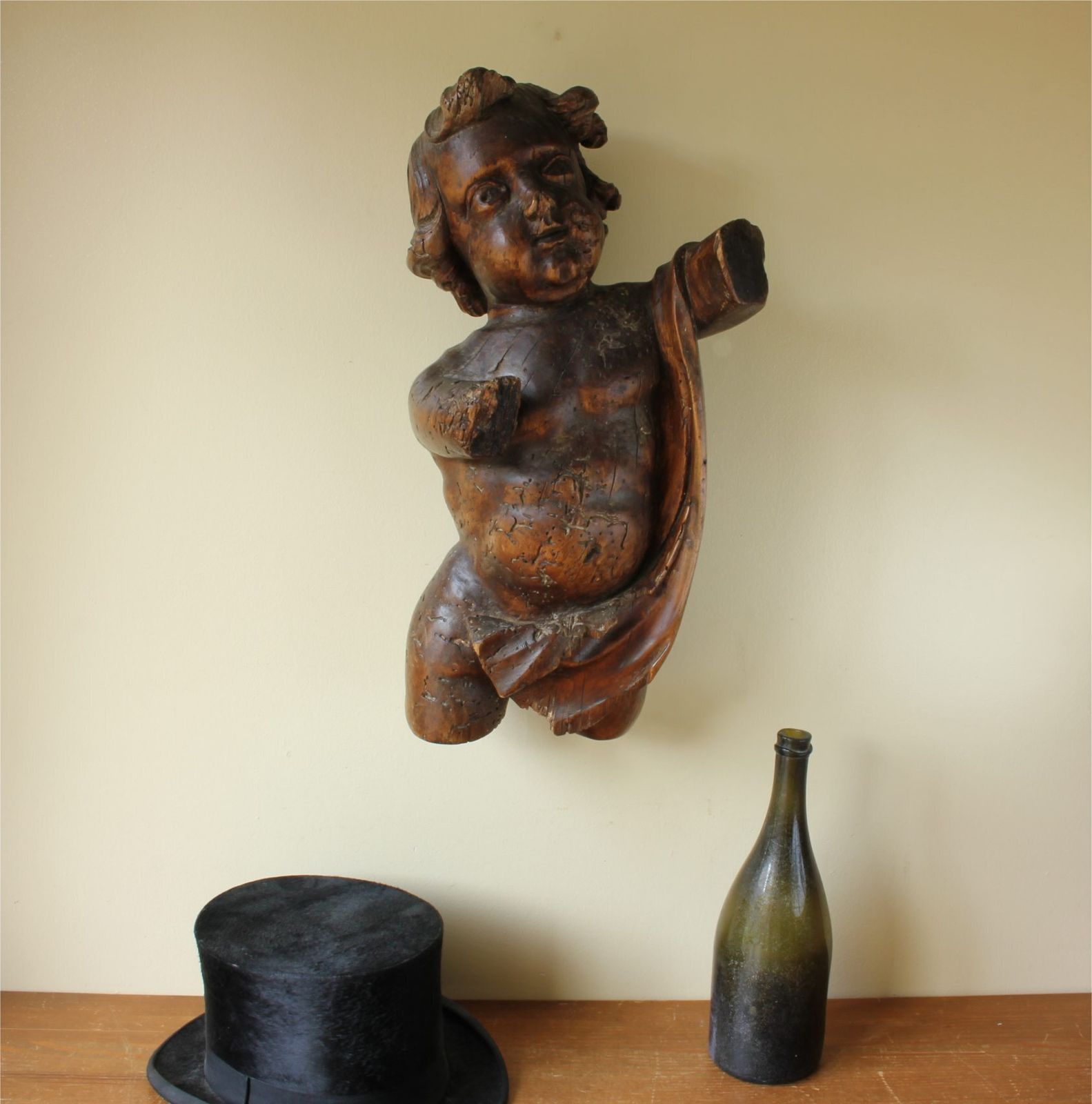 18th Century Carved Wooden Putti Figure. Large Cherub. Religious Carving. photo vinterior
