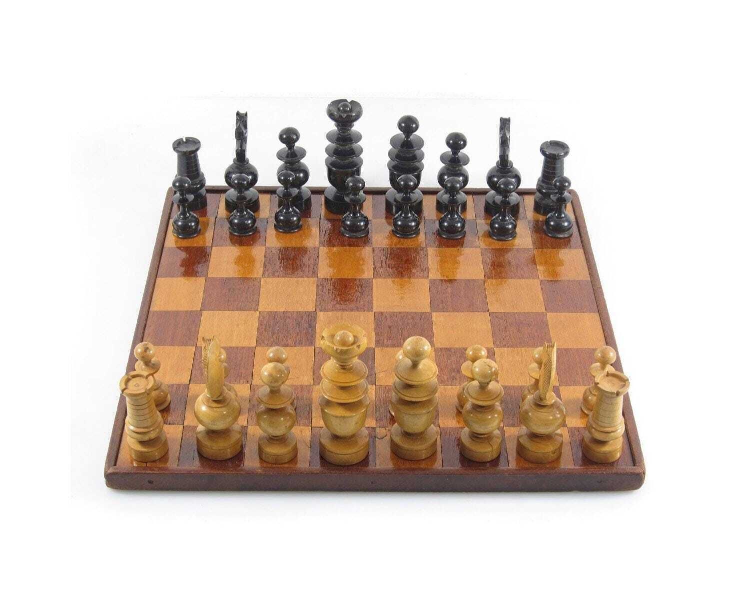 Antique Wooden Chess Set & Board   Austrian Coffee House, Kaffeehaus, Haflinger Knights, Vintage, Josef Hoffmann, Wagner, Adolf Loos, Large
