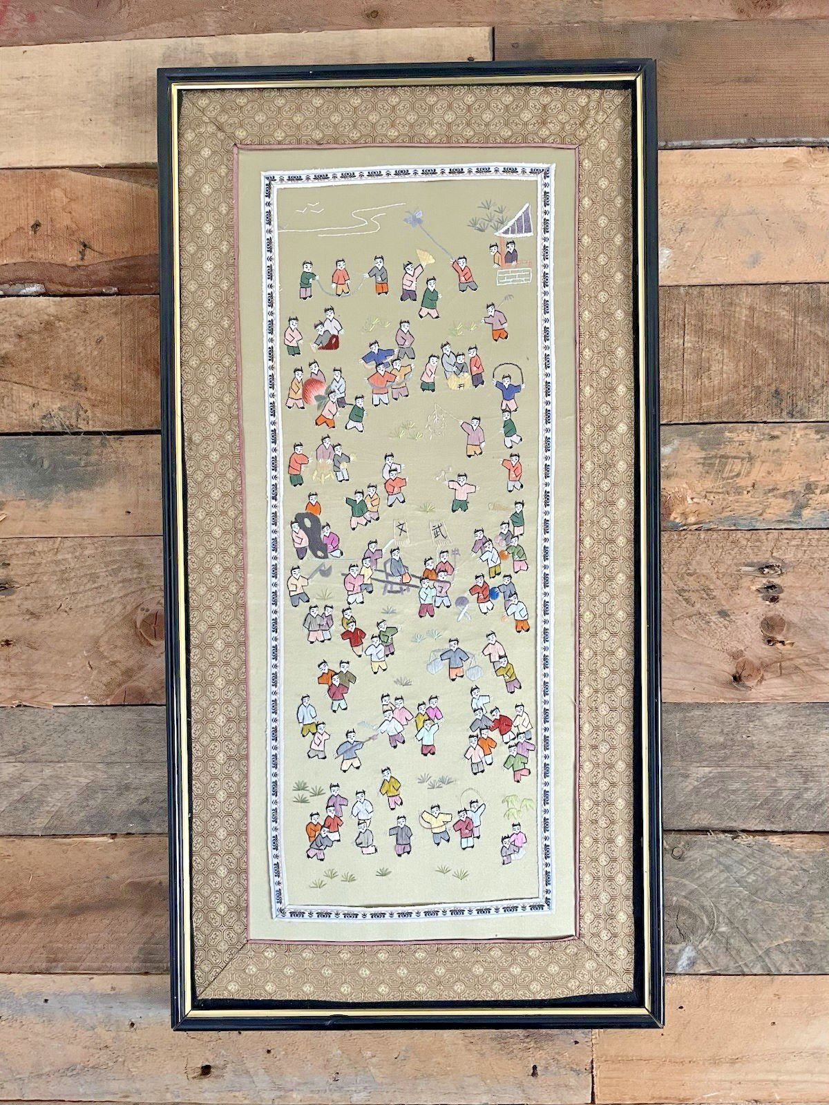 Large Oriental Chinese Silk Embroidered Panel Wall Art 100 Children Playing