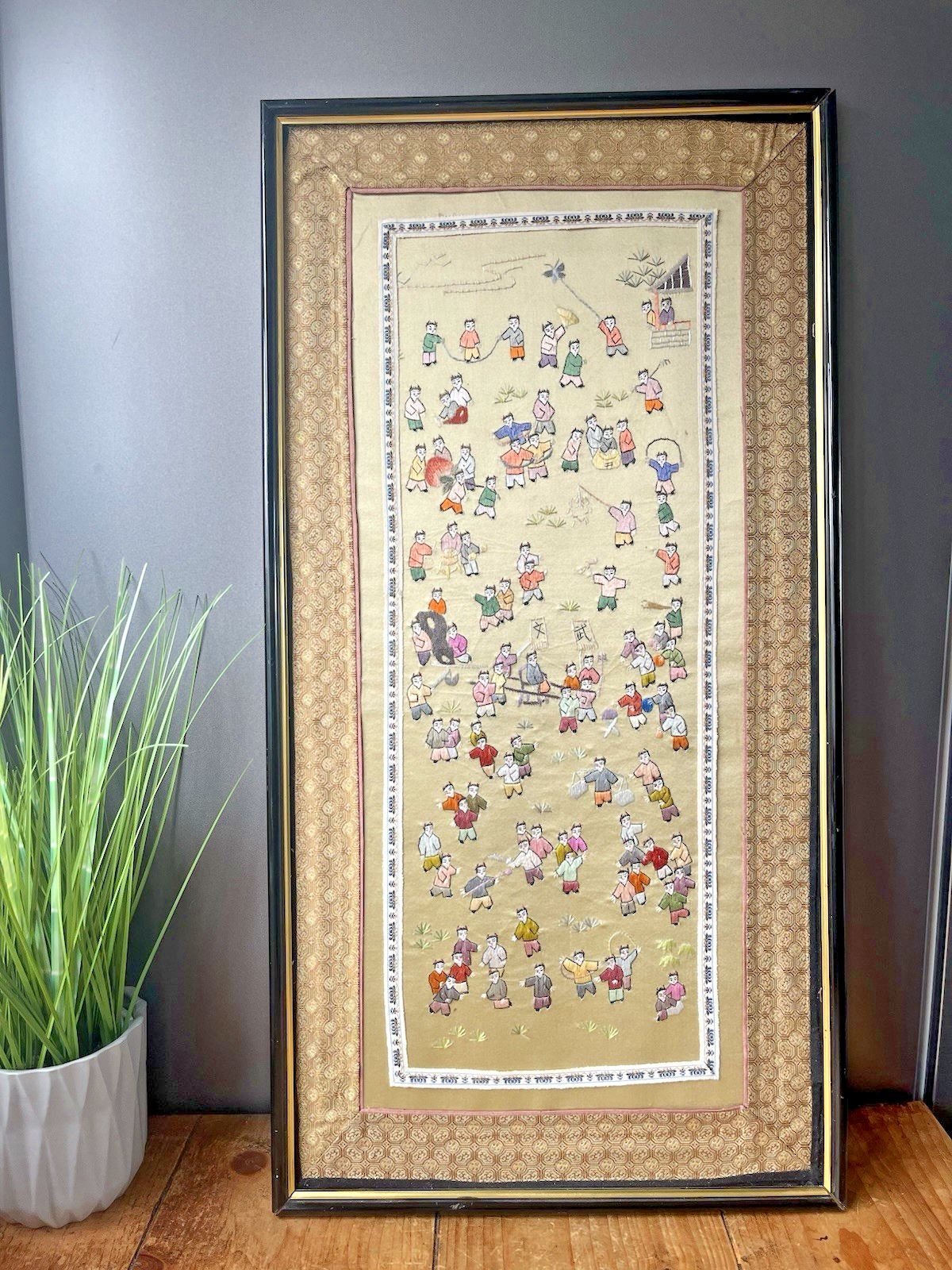 Large Oriental Chinese Silk Embroidered Panel Wall Art 100 Children Playing photo for sale