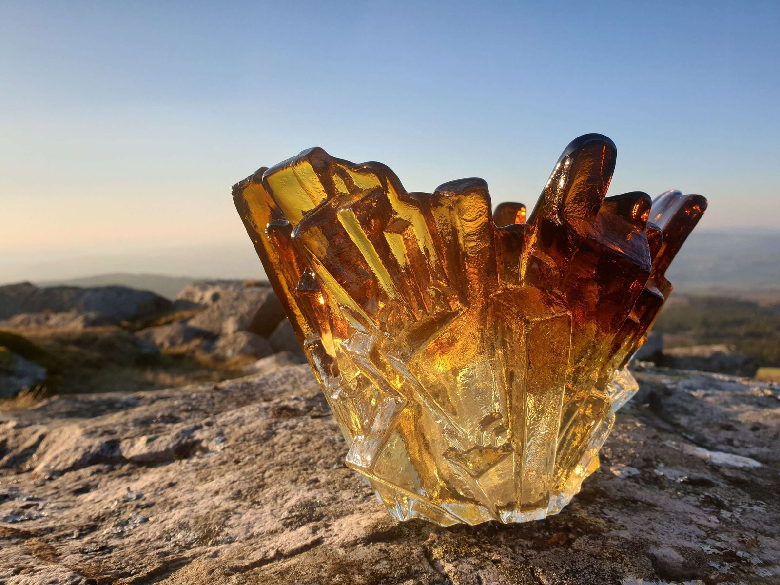 Pertti Santalahti For Humpilla, Finland. An Amber Glass, Crystal Form Bowl. 1970s. photo for sale