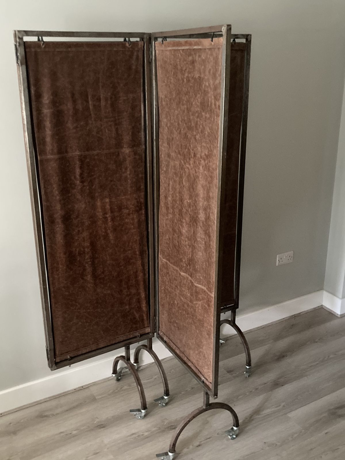Bespoke Vintage Leather Steel Frame Folding Screen, Room Divider