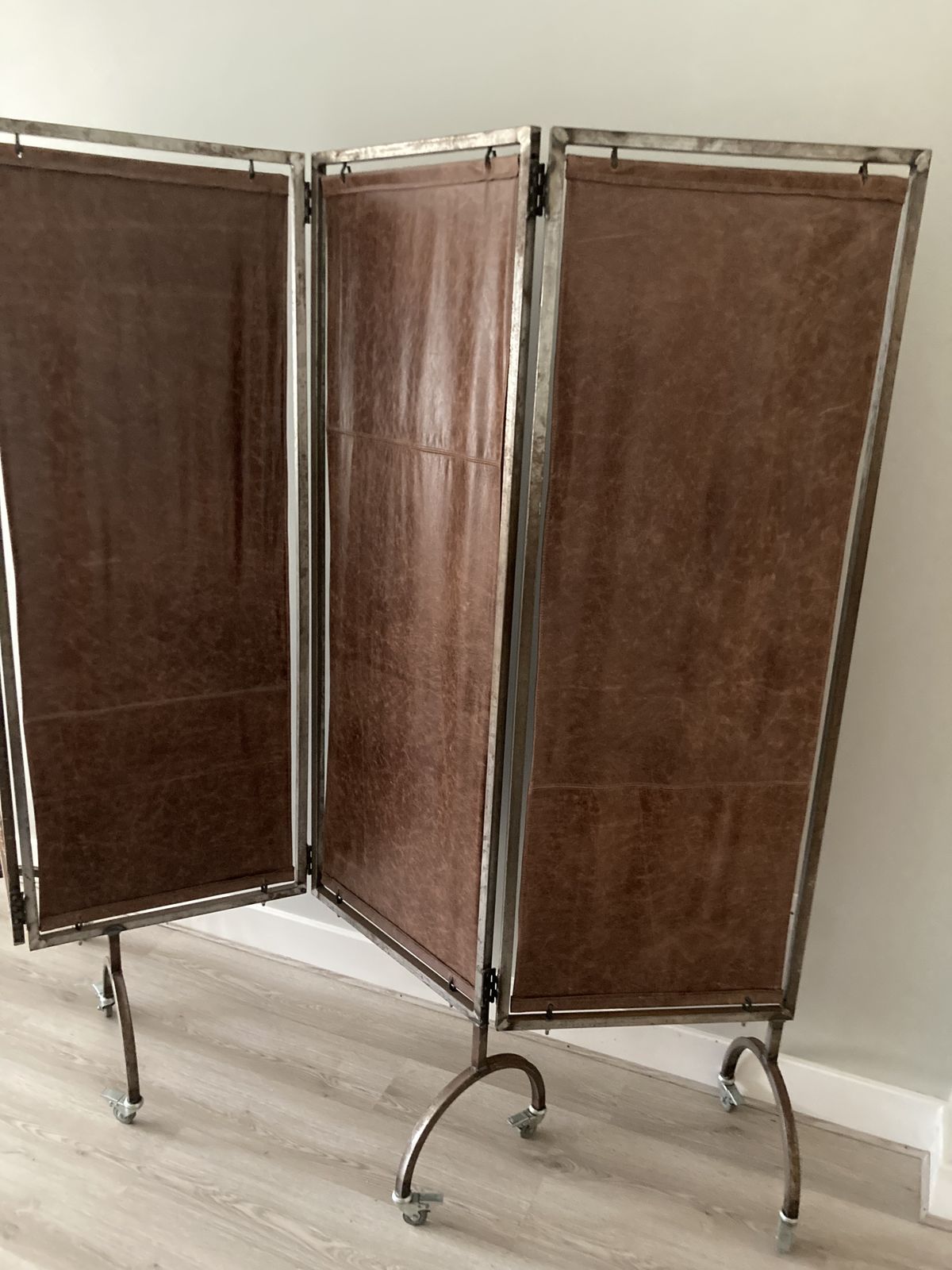 Bespoke Vintage Leather Steel Frame Folding Screen, Room Divider photo for sale