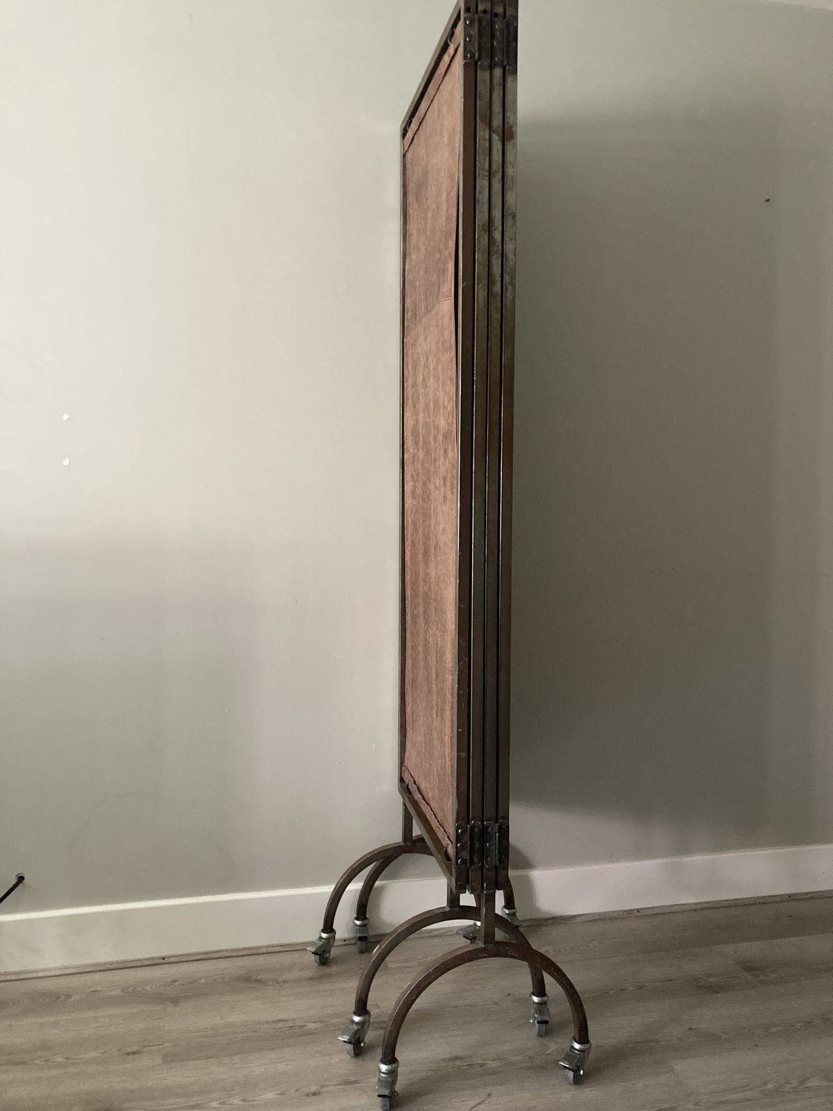 Bespoke Vintage Leather Steel Frame Folding Screen, Room Divider photo vinterior