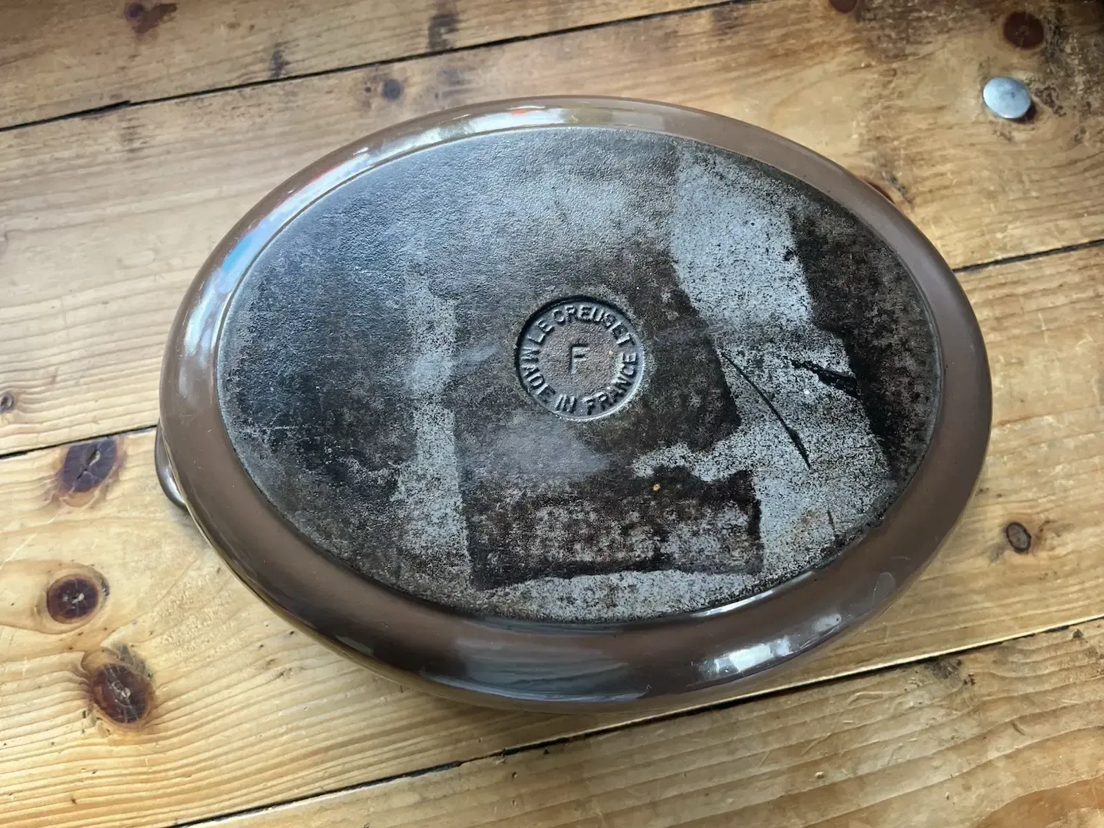 Large Le Creuset France Brown Enamel Cast Iron Lidded Casserole Dish Size F photo buy