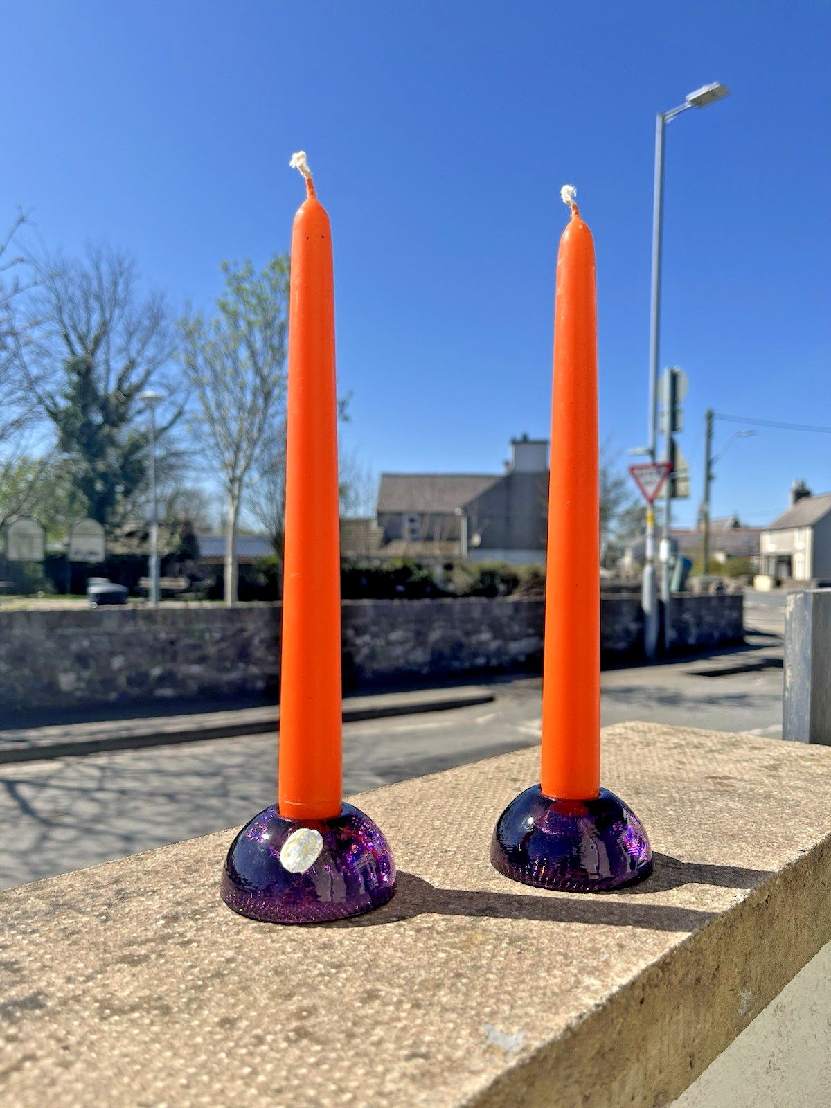 Pair Of Mid Century Modern 60's Czech Bohemia Glass Pebble Candle Holders 70's