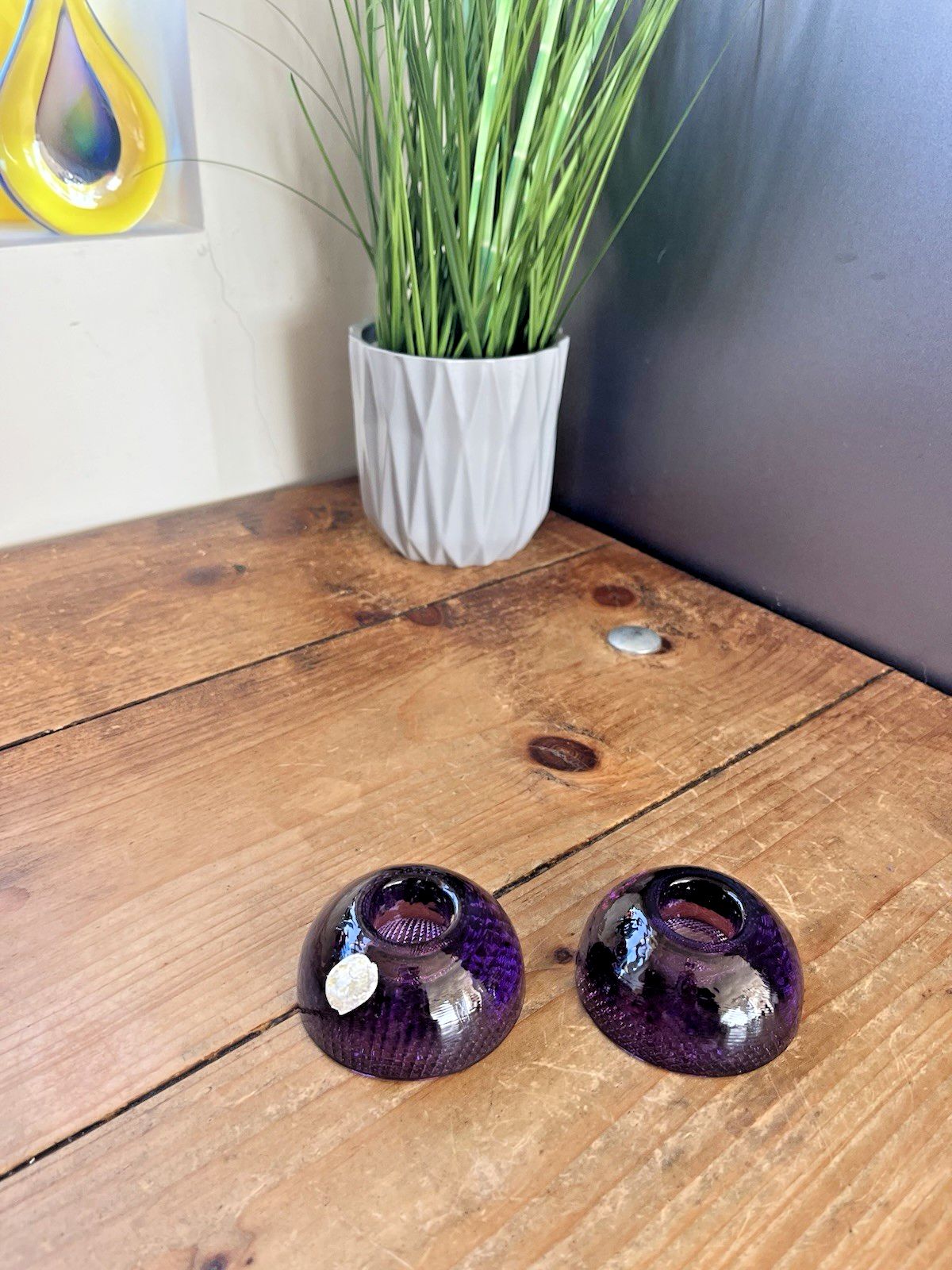 photo vinterior Pair Of Mid Century Modern 60's Czech Bohemia Glass Pebble Candle Holders 70's