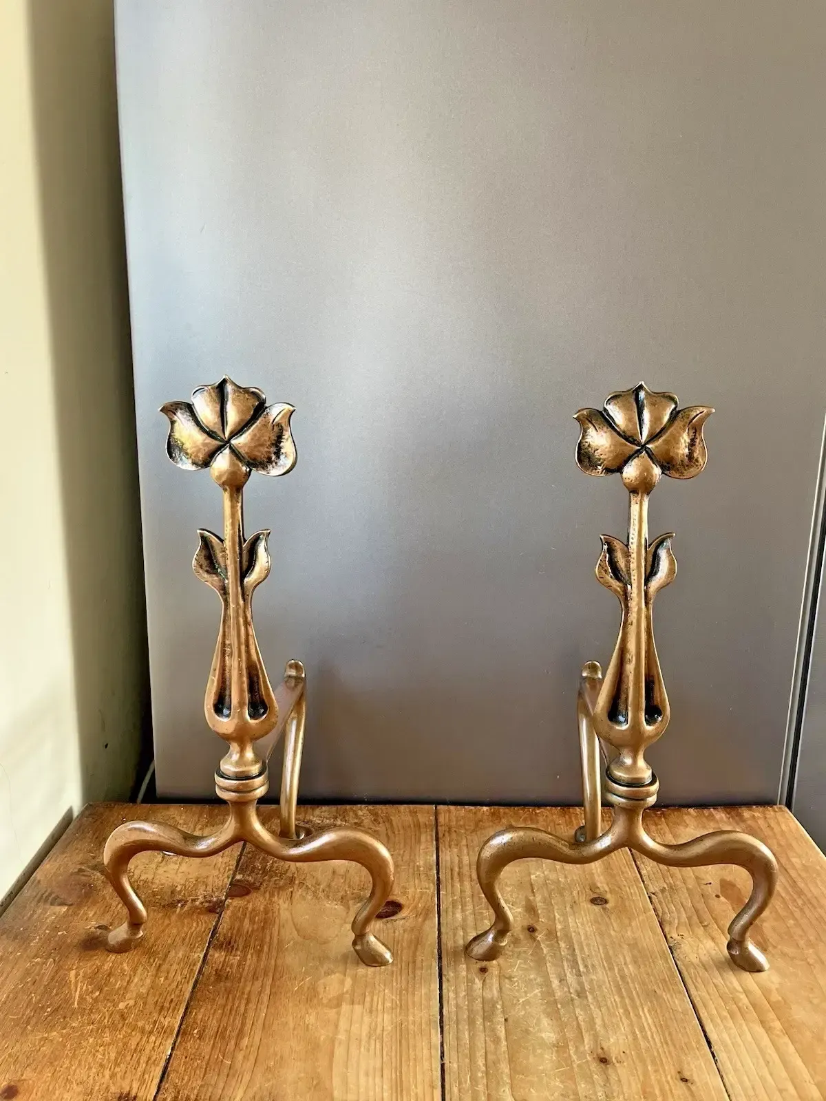 photo furniture Superb Pair Of Bronze Antique Art Nouveau Secessionist Floral Fire Dogs Andirons