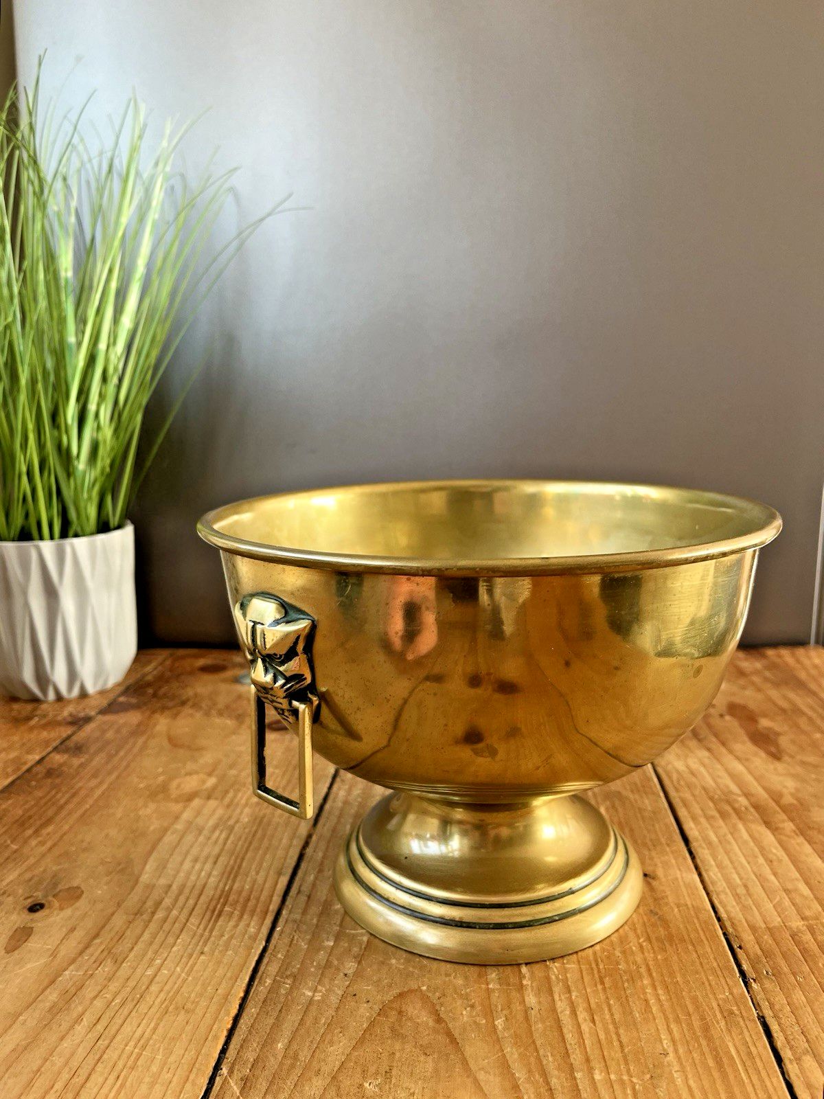 Brass Art Deco Angular Jaguar Mask Pedestal Fruit Punch Bowl Champagne Cooler photo buy