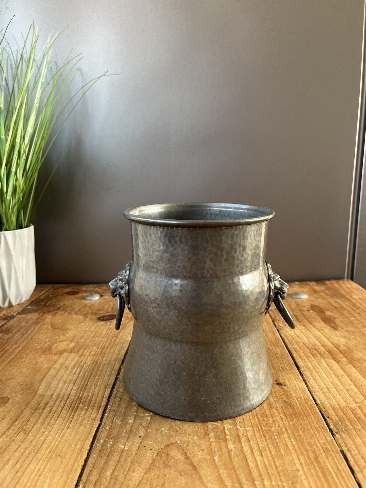 Antique W & Co Pewter Champagne Ice Bucket Planter Plant Pot Lions Head Handles photo 80.0