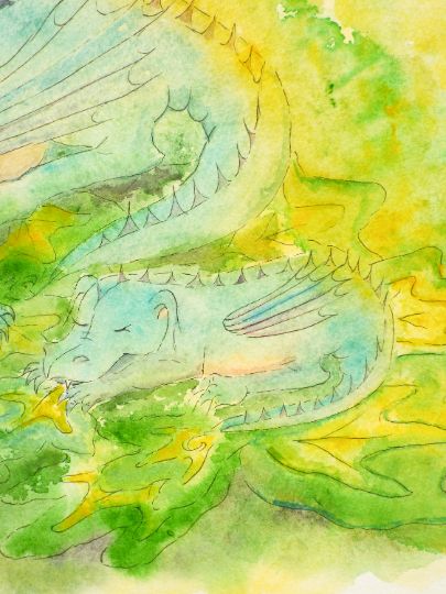 New Original Watercolour Painting Mother And Baby Dragons  22"X15" Andi J Lucas photo vinterior