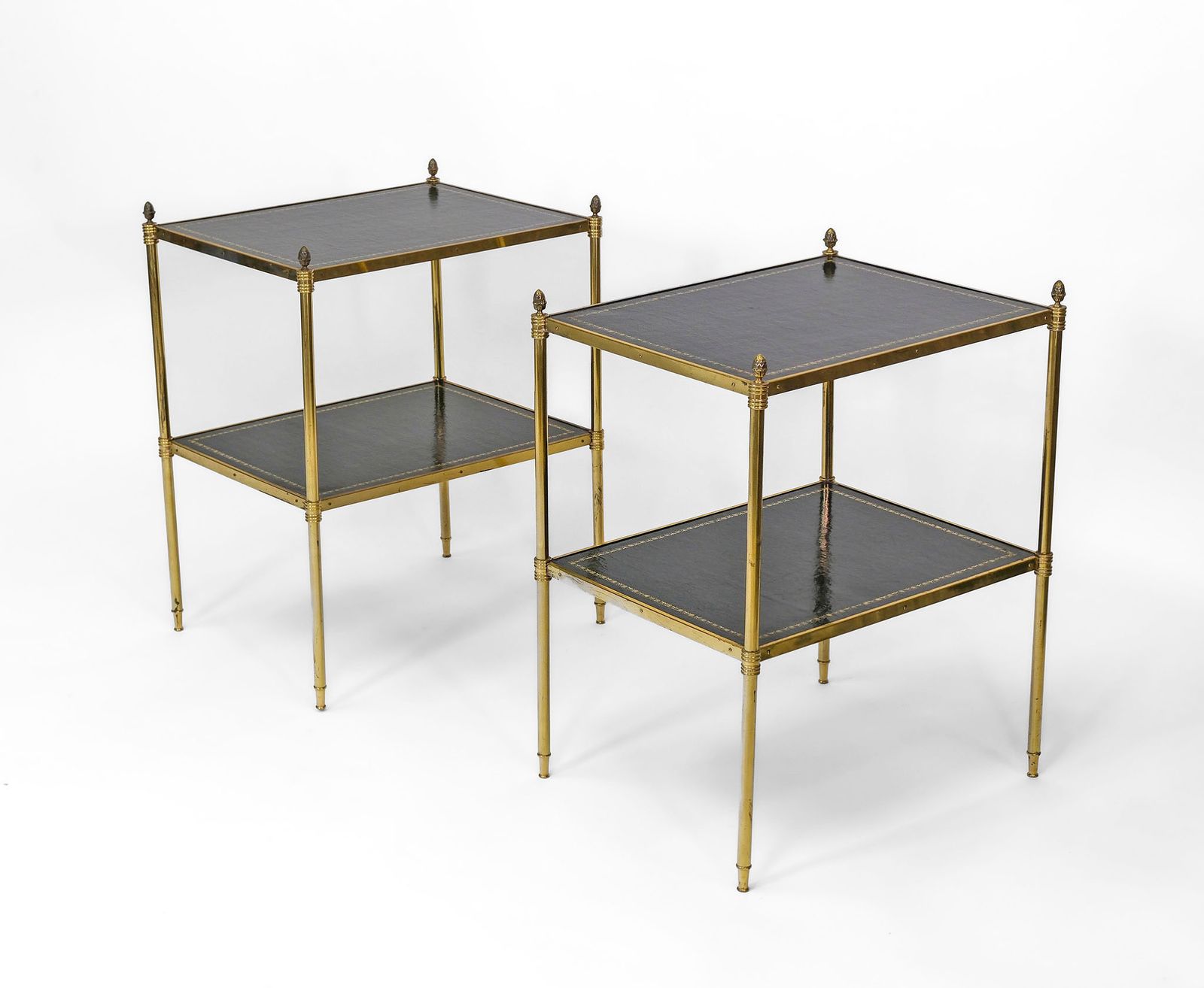 photo for sale Pair Of Mid Century Gilt Metal & Leather Etagere End Tables French 1950