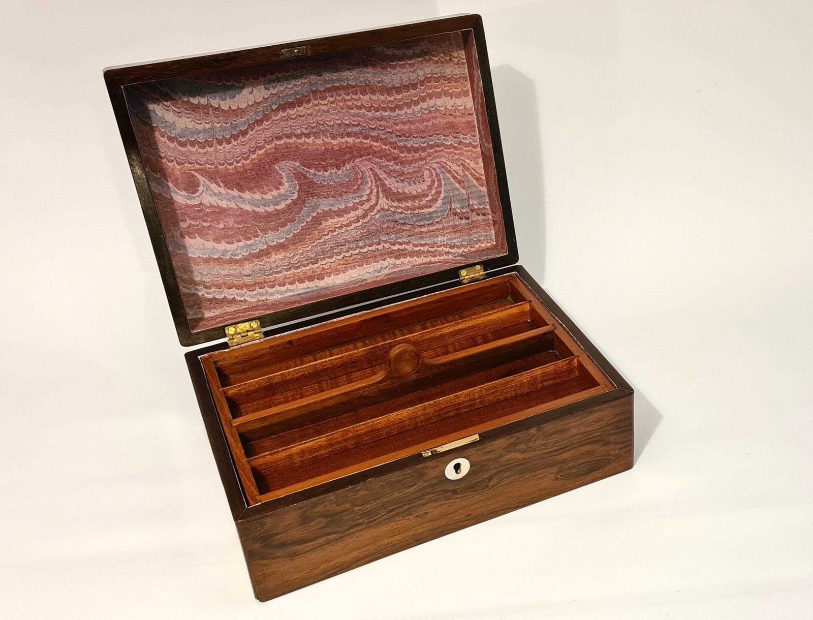 Antique Rosewood Box With Simple Mother Of Pearl Cartouche And Escutcheon.
