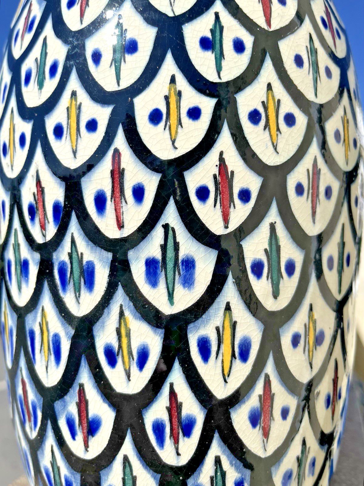 Large Mid Century Moroccan Safi Pottery Tall Vintage Geometric Faience Boho Vase photo vinterior