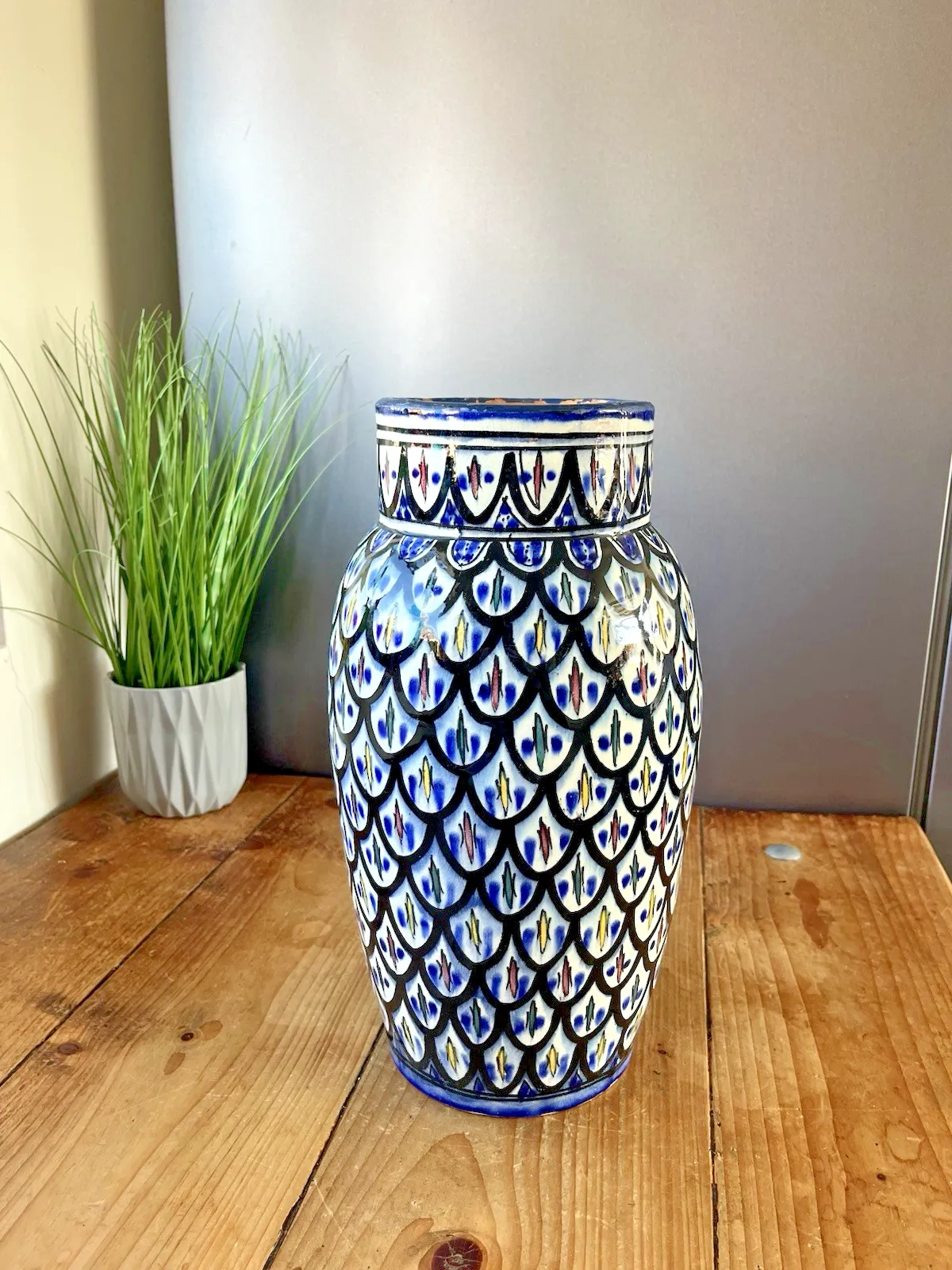 photo buy Large Mid Century Moroccan Safi Pottery Tall Vintage Geometric Faience Boho Vase