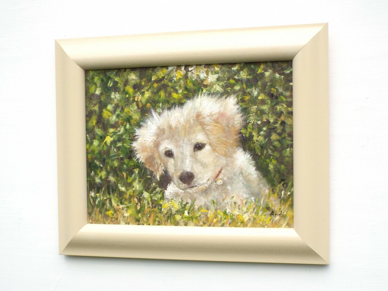 Retriever Puppy Dog Original Oil Painting Signed Framed  Andi J Lucas photo for sale