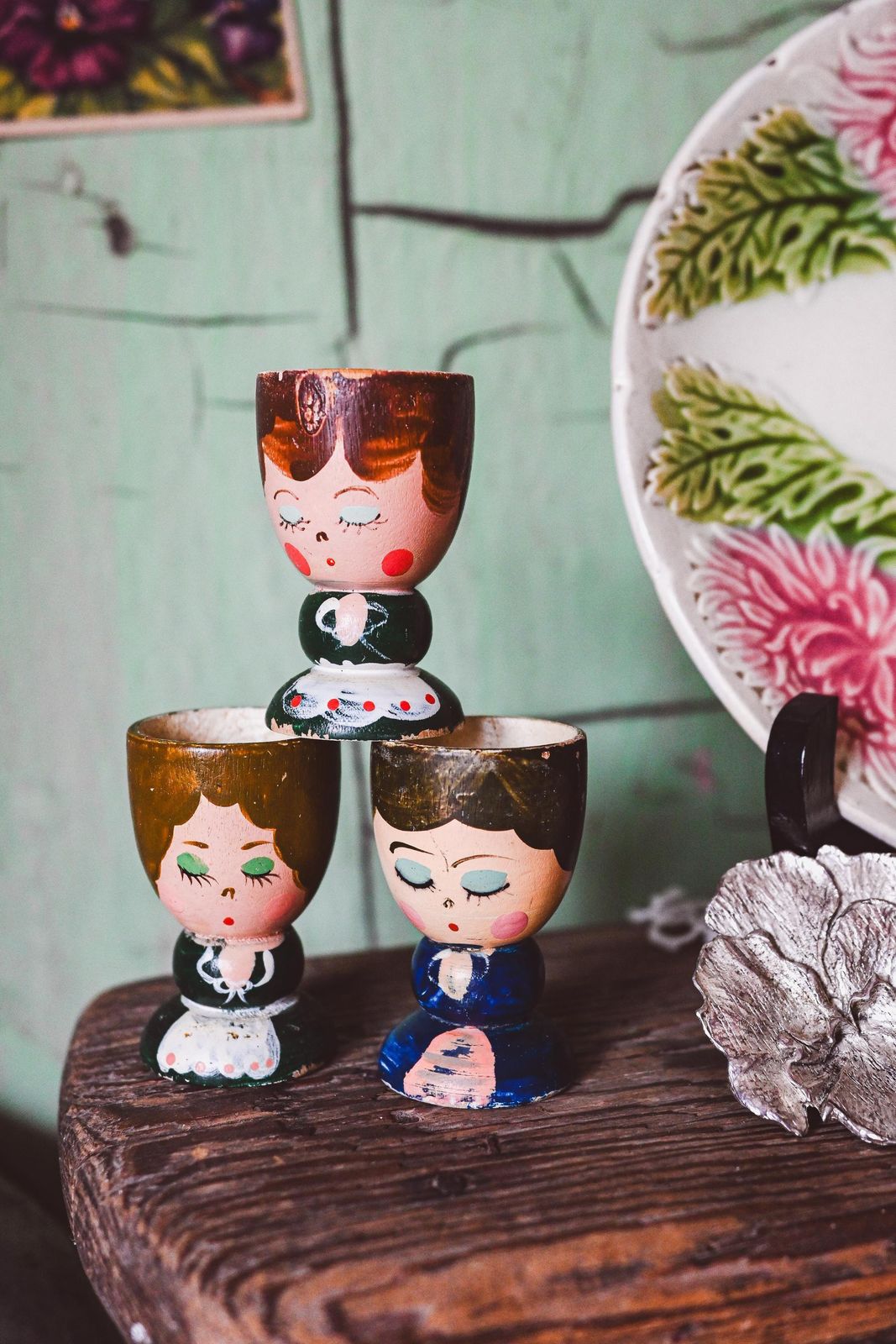 Vintage Italian Hand Painted Wooden Egg Cups From 1960s   Set Of 3 Antique Holders photo furniture