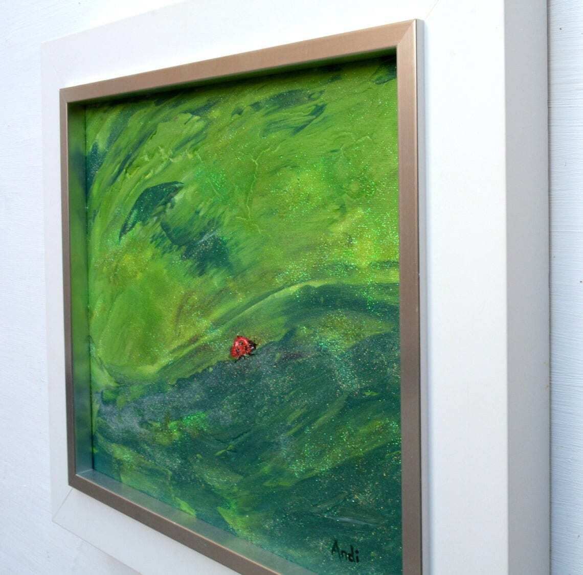 Ladybird Original Painting Ladybird Art Framed Original Art Framed Ladybird On A Leaf Painting Green Glitter Painting Andi J Lucas photo vinterior