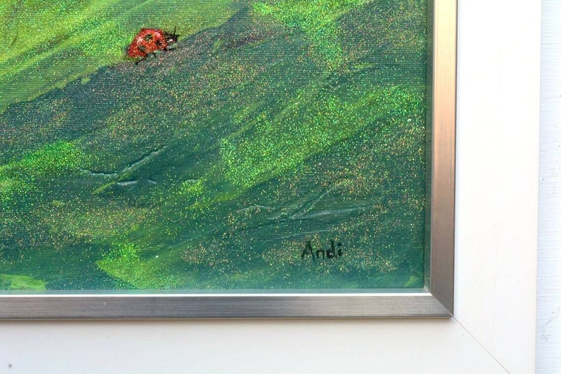 Ladybird Original Painting Ladybird Art Framed Original Art Framed Ladybird On A Leaf Painting Green Glitter Painting Andi J Lucas photo buy