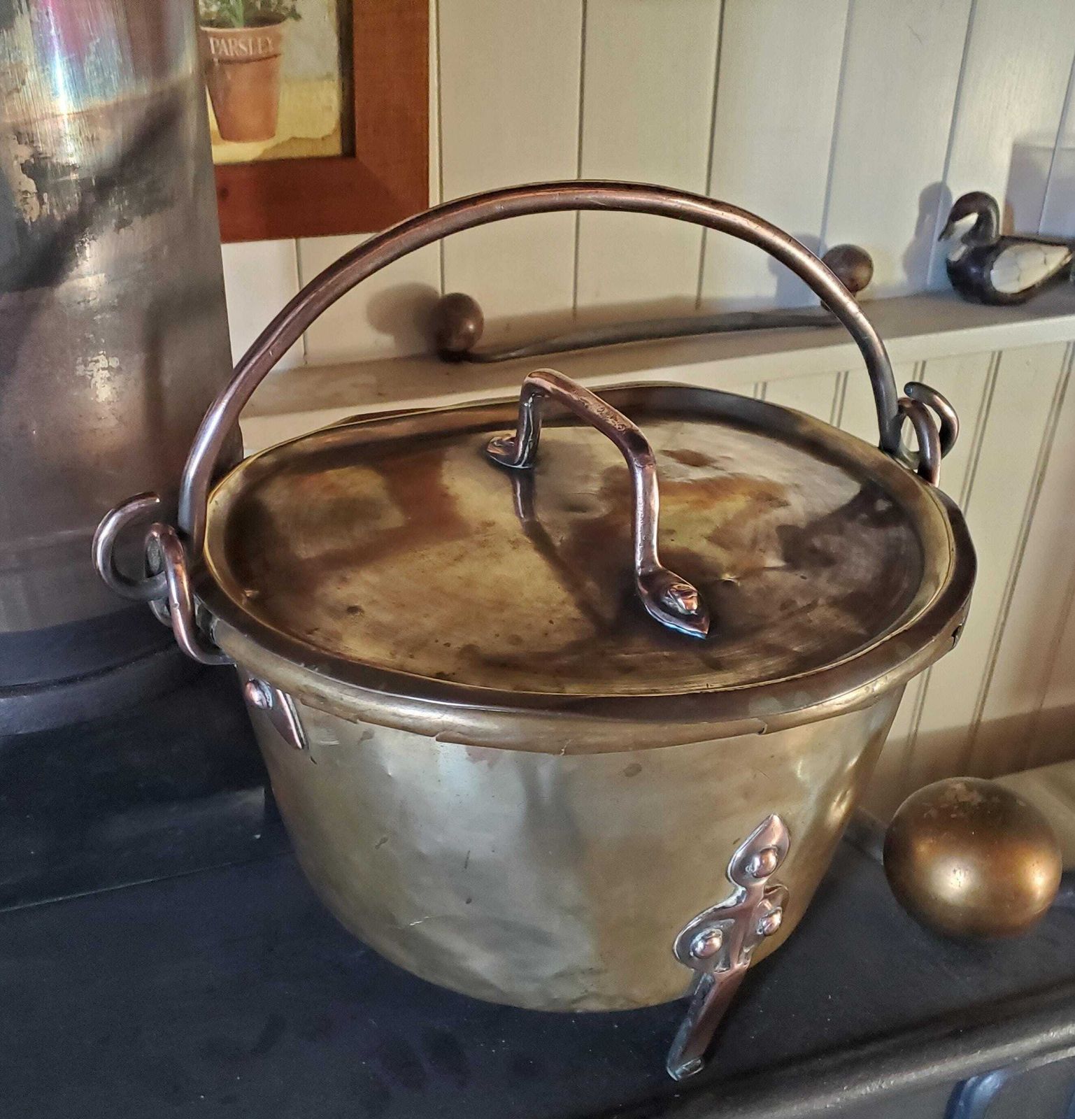 17th Century Brass And Copper Pot / Brass Log Basket / Arts And Crafts / Brass Pot With Lid / Brass Stove / 3 Leg Brass Bucket Jardiniere photo furniture