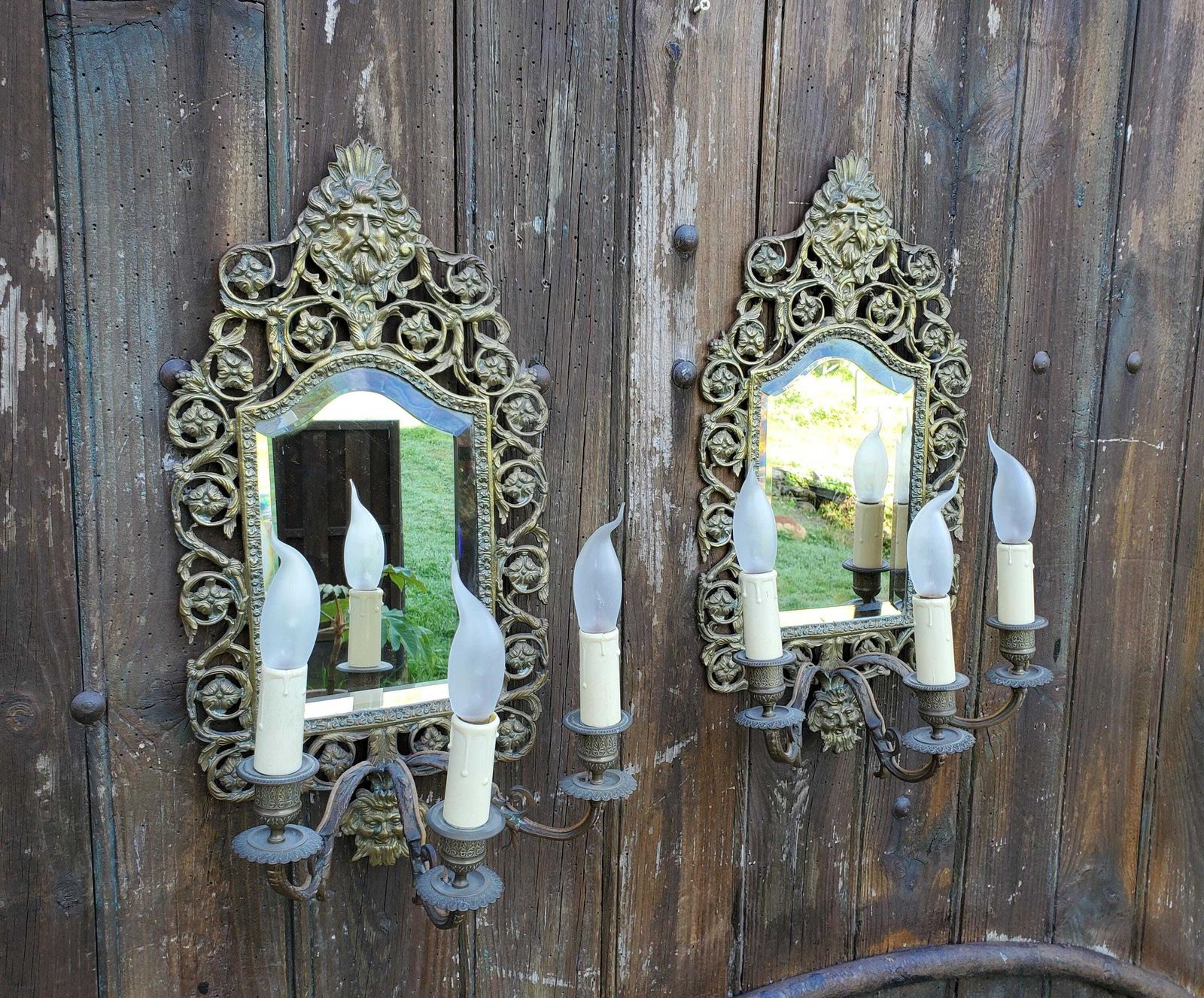 French Antique Bronze Mirror Candlestick Sconces / Pair Of Bronze Mirror Sconces / Electric Converted 6 Bulb Sconces / 19c Sconces