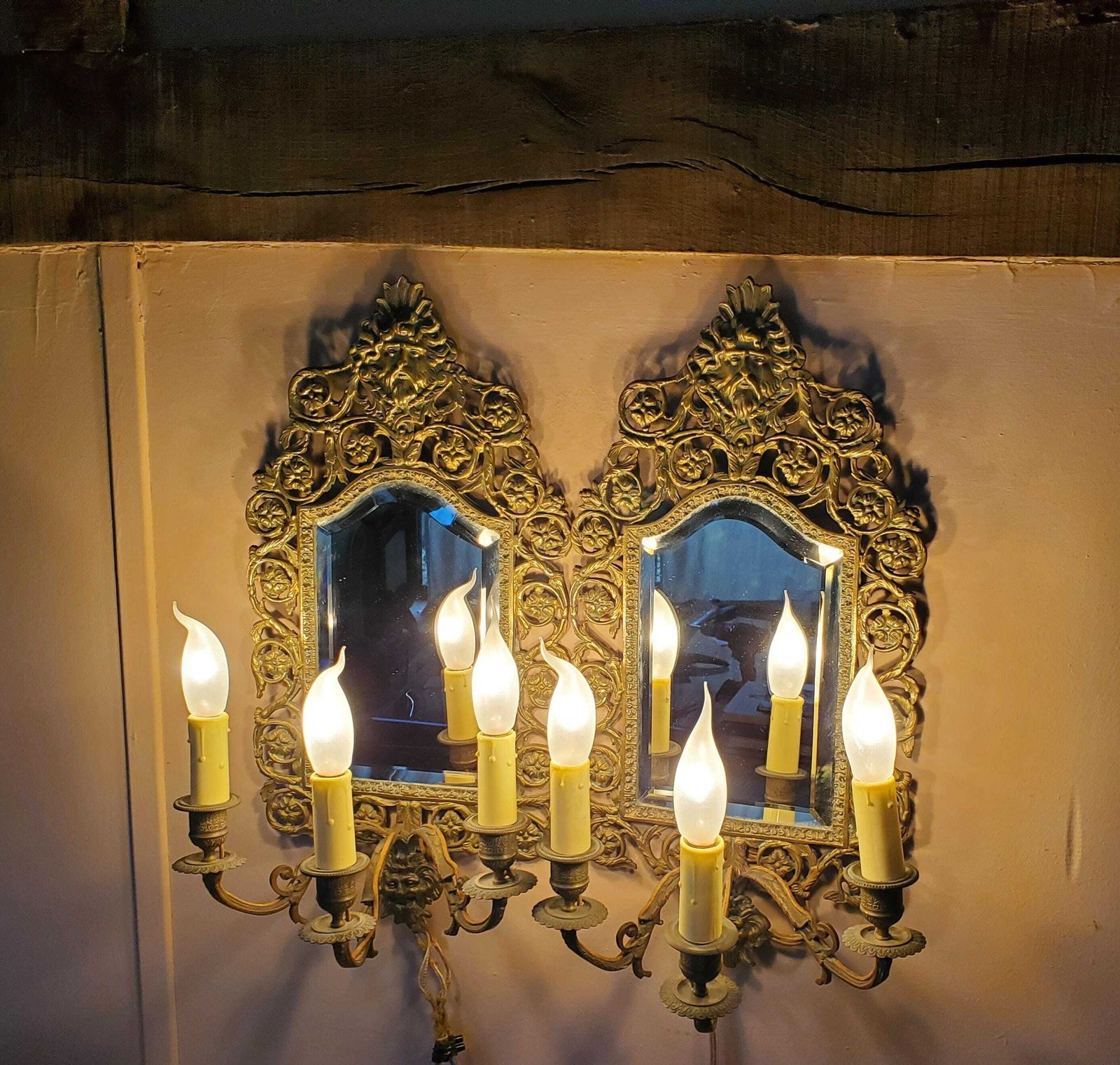 French Antique Bronze Mirror Candlestick Sconces / Pair Of Bronze Mirror Sconces / Electric Converted 6 Bulb Sconces / 19c Sconces photo for sale